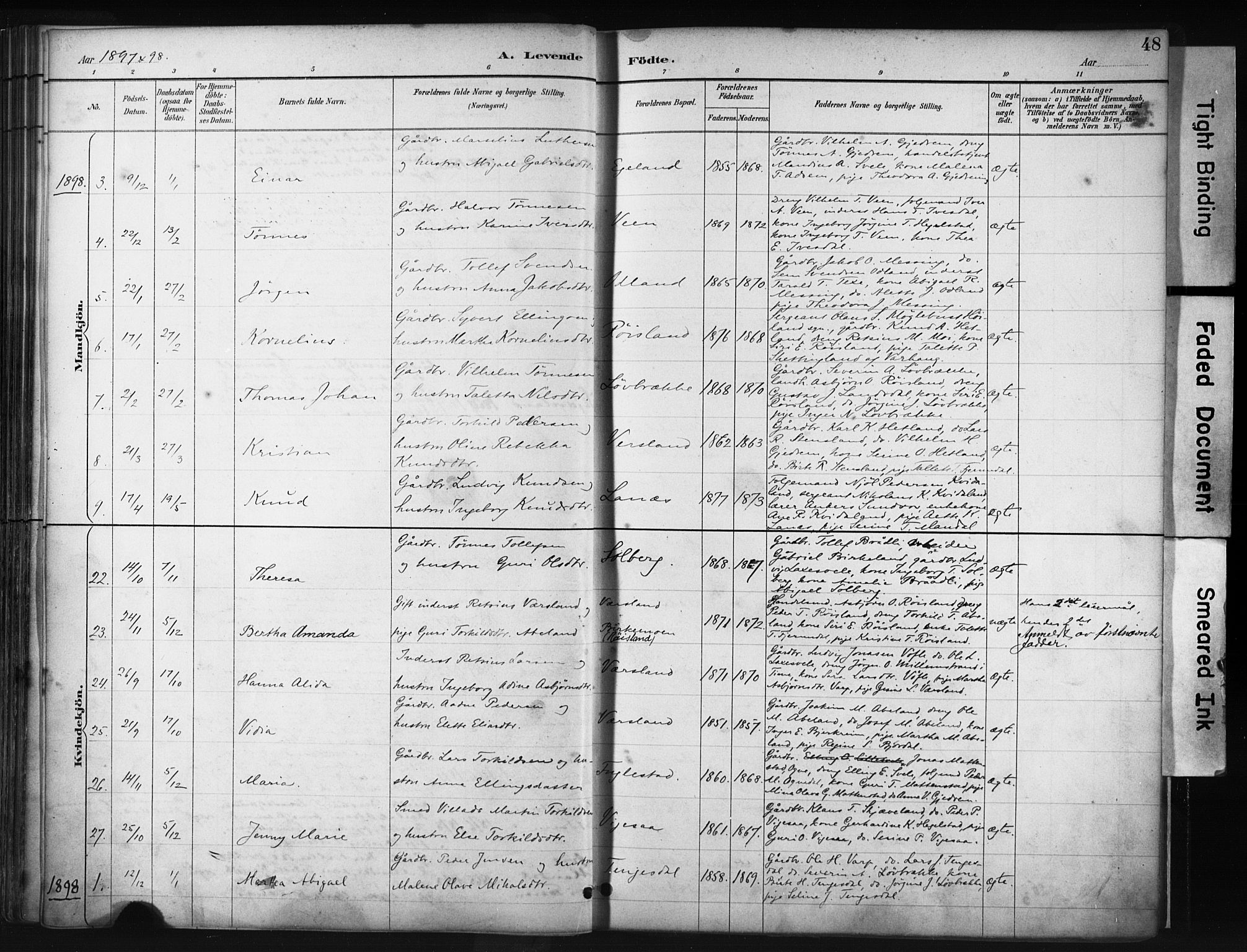 Helleland sokneprestkontor, AV/SAST-A-101810: Parish register (official) no. A 9, 1887-1908, p. 48