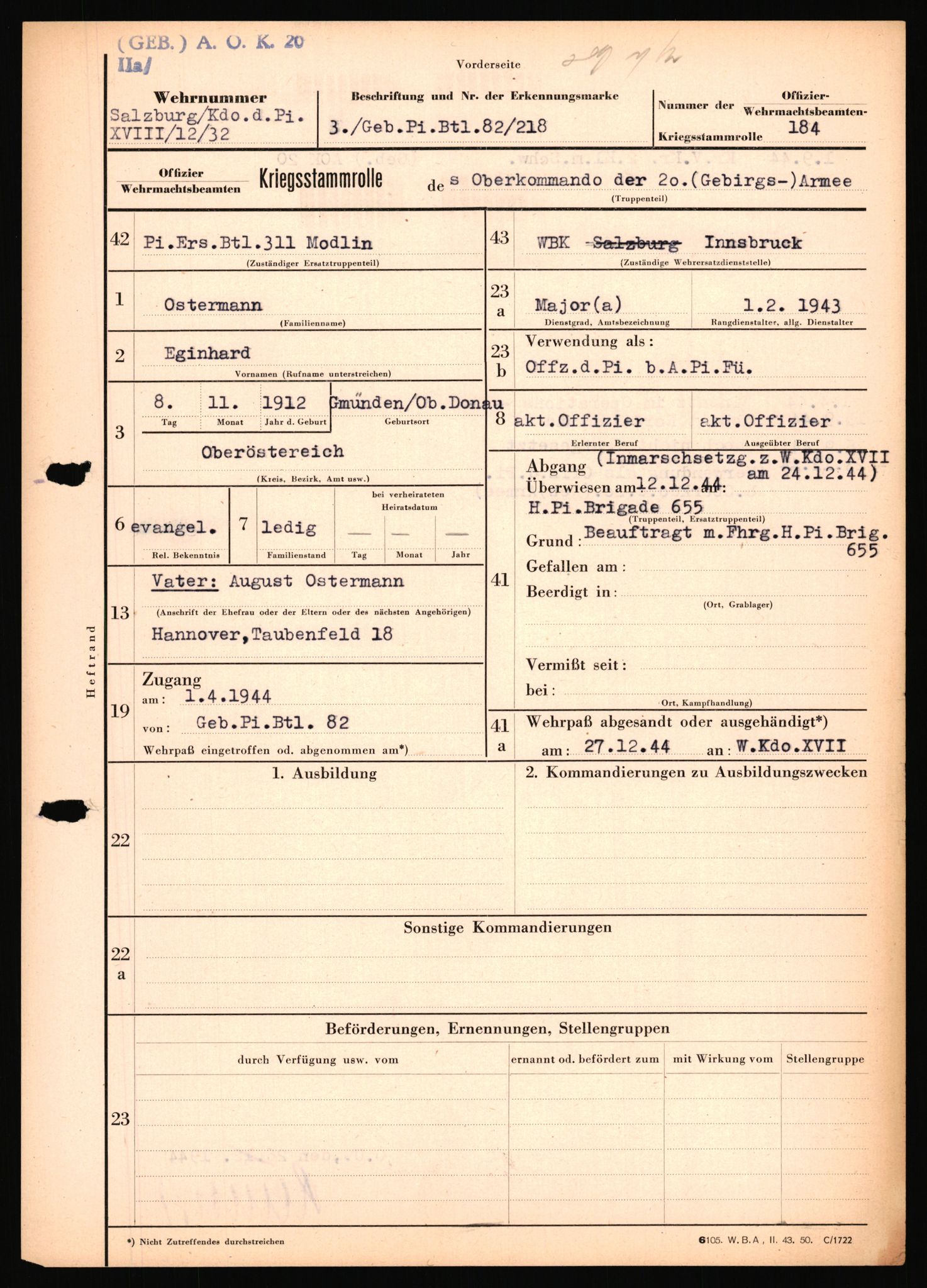 Forsvarets Overkommando. 2 kontor. Arkiv 11.4. Spredte tyske arkivsaker, AV/RA-RAFA-7031/D/Dar/Dara/L0018: Personalbøker, 1940-1945, p. 1207