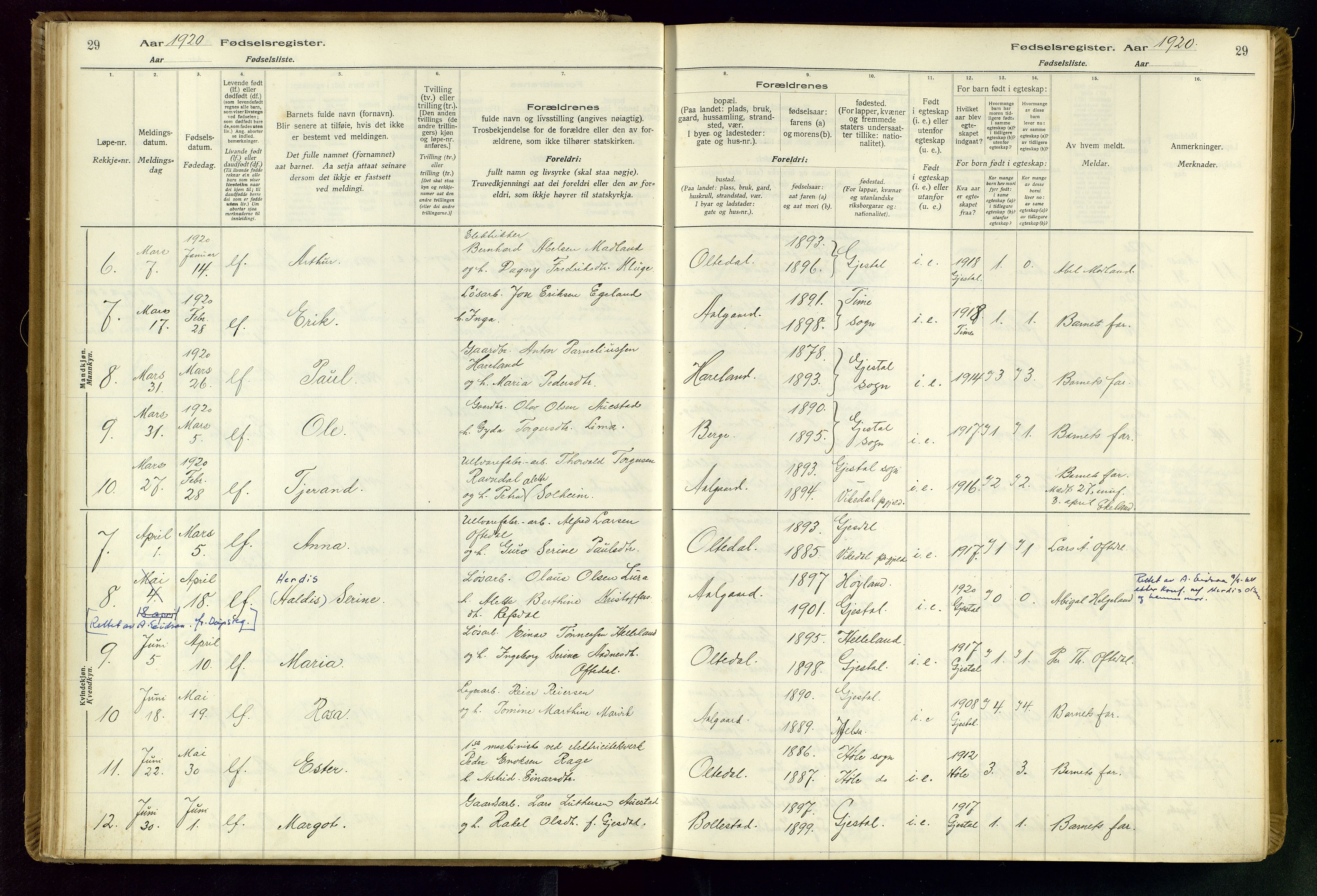 Gjesdal sokneprestkontor, SAST/A-101796/002/O/L0001: Birth register no. 1, 1916-1949, p. 29