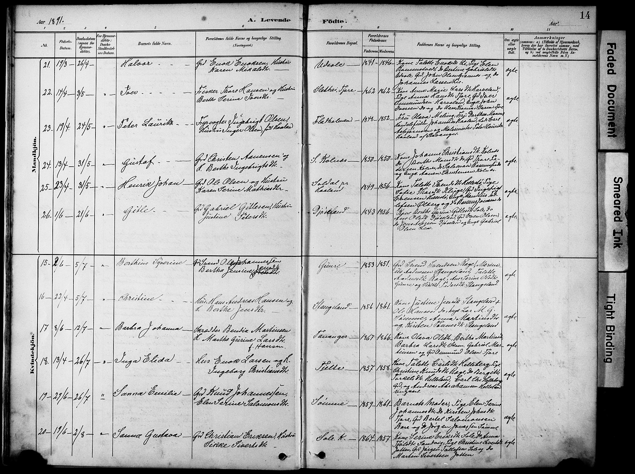 Håland sokneprestkontor, AV/SAST-A-101802/001/30BA/L0012: Parish register (official) no. A 11, 1889-1900, p. 14