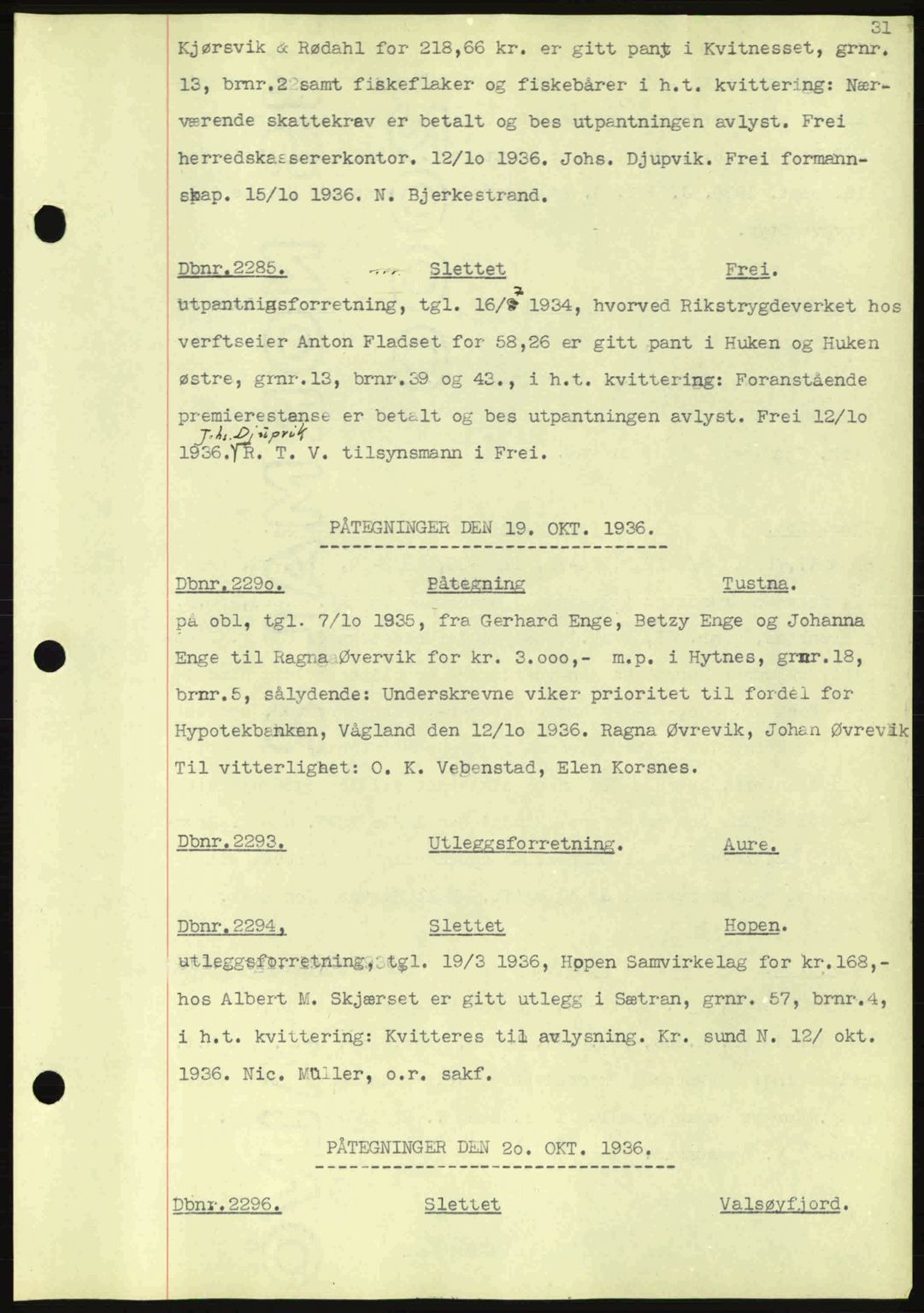 Nordmøre sorenskriveri, AV/SAT-A-4132/1/2/2Ca: Mortgage book no. C80, 1936-1939, Diary no: : 2285/1936