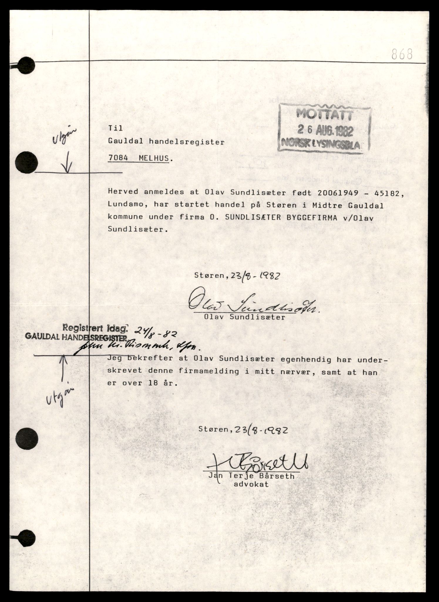 Gauldal sorenskriveri, AV/SAT-A-0014/2/J/Jd/Jde/L0006: Bilag, 1982, p. 3