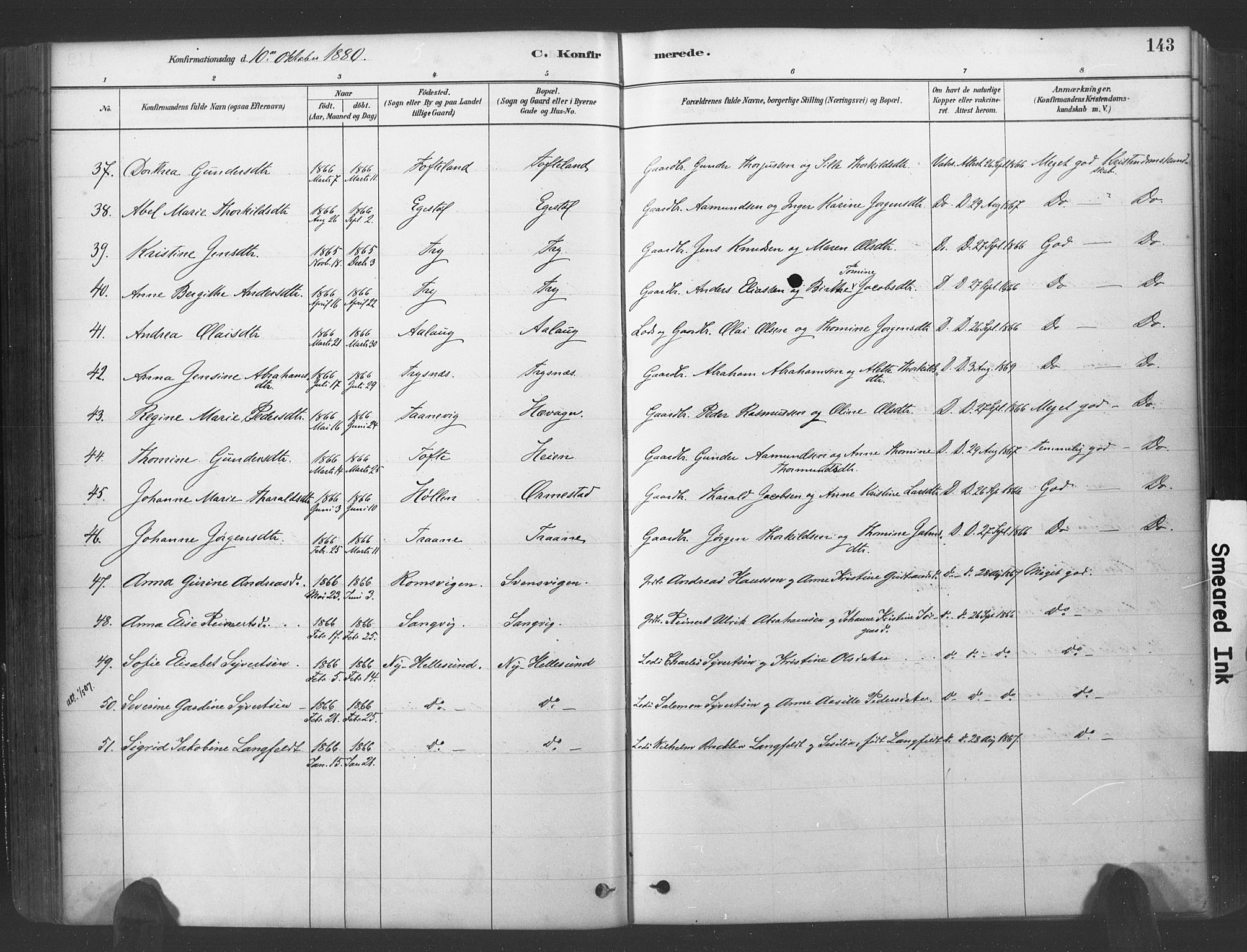 Søgne sokneprestkontor, SAK/1111-0037/F/Fa/Fab/L0012: Parish register (official) no. A 12, 1880-1891, p. 143