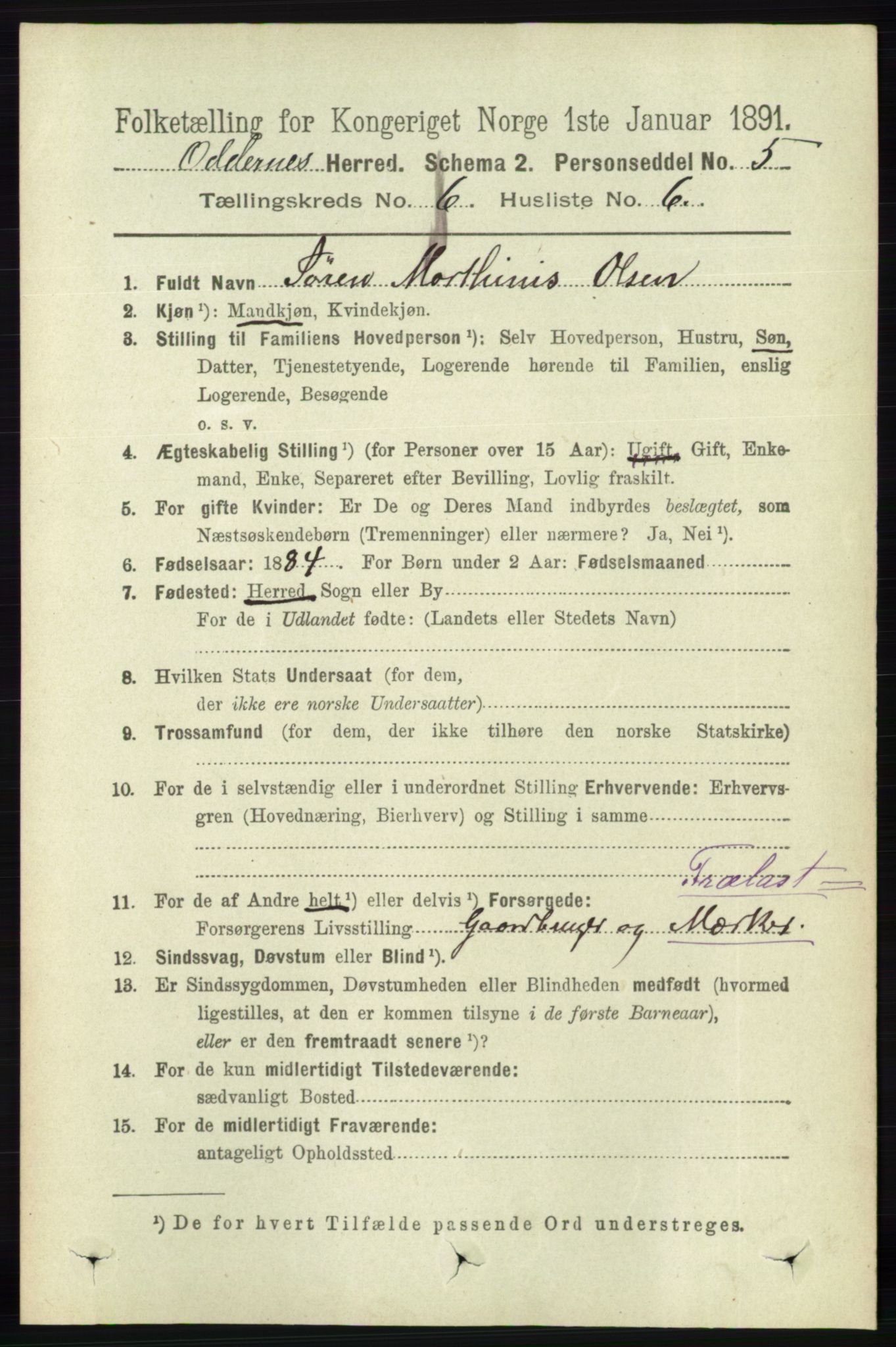 RA, 1891 census for 1012 Oddernes, 1891, p. 2225