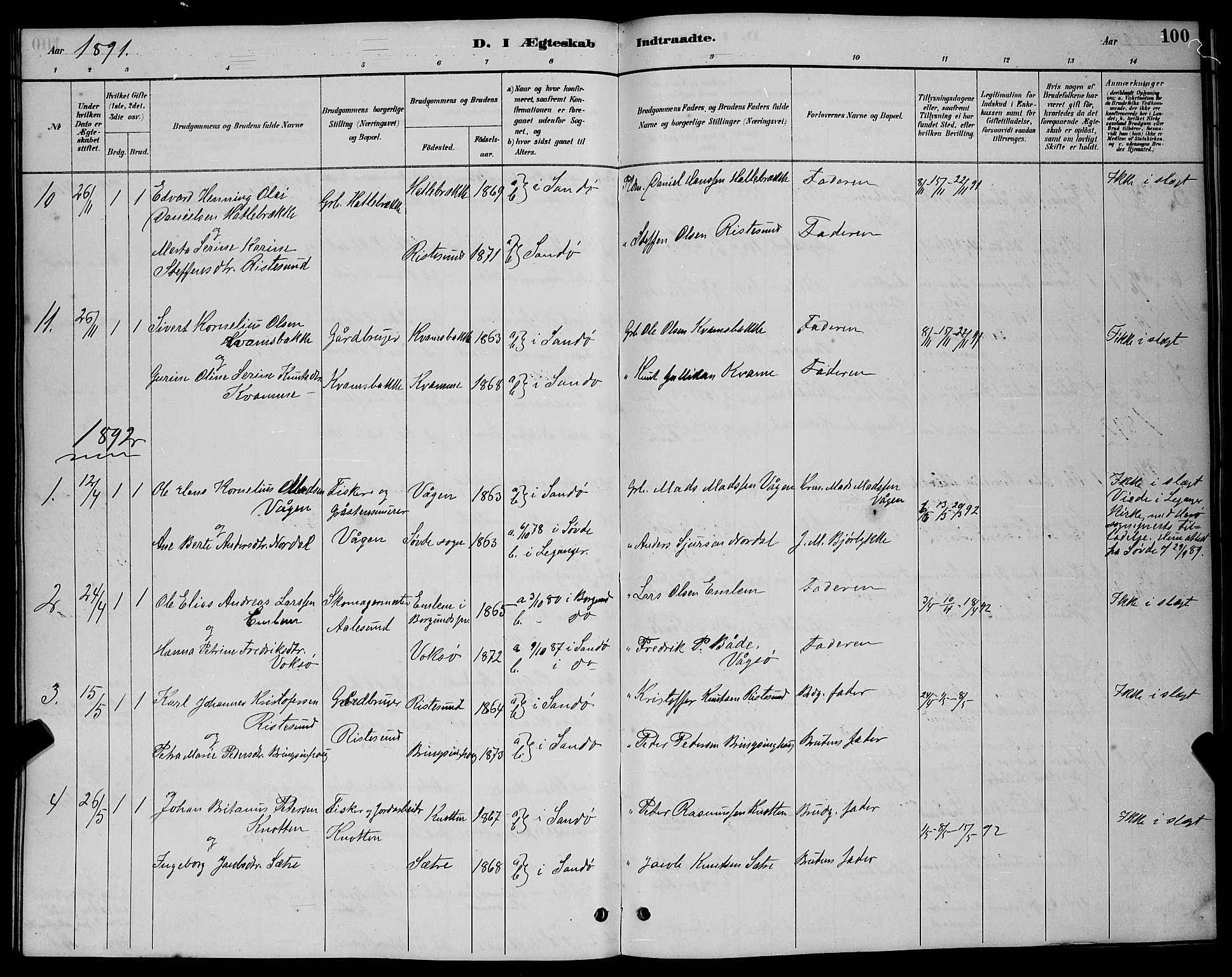 Ministerialprotokoller, klokkerbøker og fødselsregistre - Møre og Romsdal, AV/SAT-A-1454/503/L0048: Parish register (copy) no. 503C03, 1885-1893, p. 100