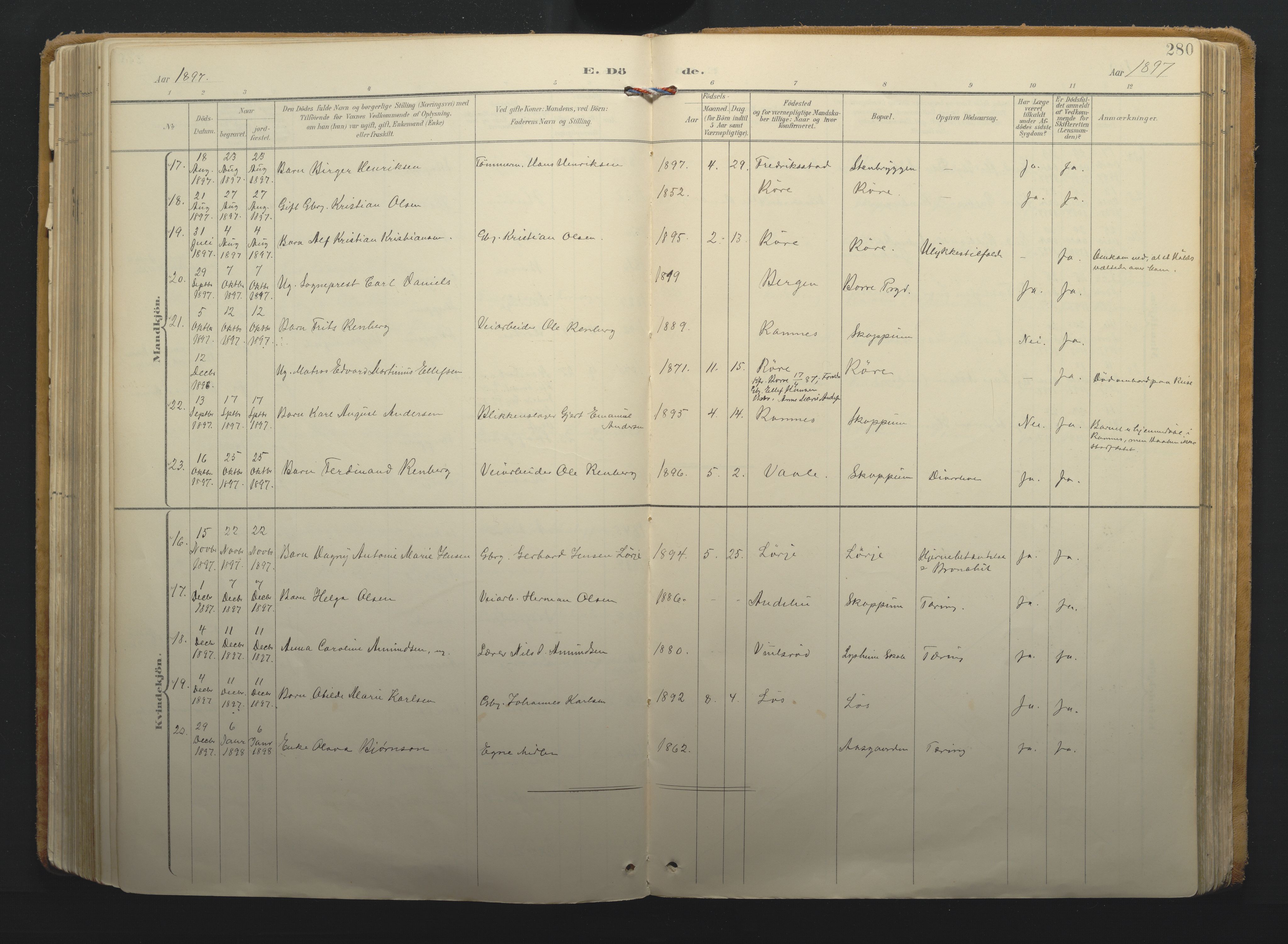 Borre kirkebøker, AV/SAKO-A-338/F/Fa/L0011: Parish register (official) no. I 11, 1897-1921, p. 280