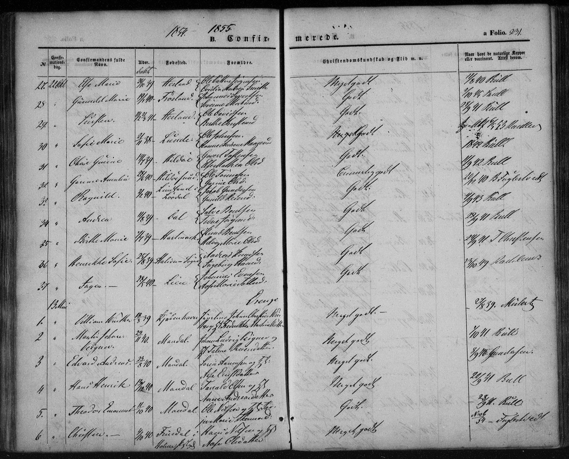 Mandal sokneprestkontor, SAK/1111-0030/F/Fa/Faa/L0013: Parish register (official) no. A 13, 1847-1859, p. 231