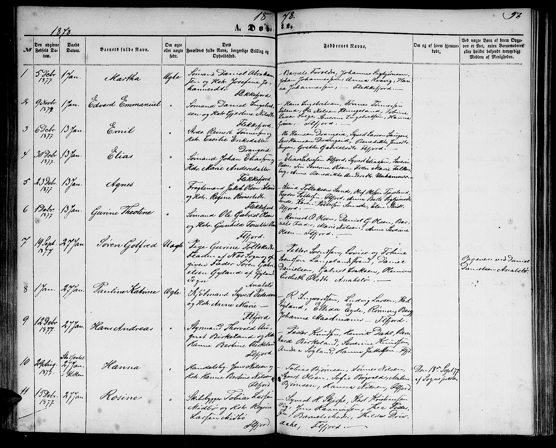 Flekkefjord sokneprestkontor, SAK/1111-0012/F/Fb/Fbc/L0006: Parish register (copy) no. B 6, 1866-1879, p. 97
