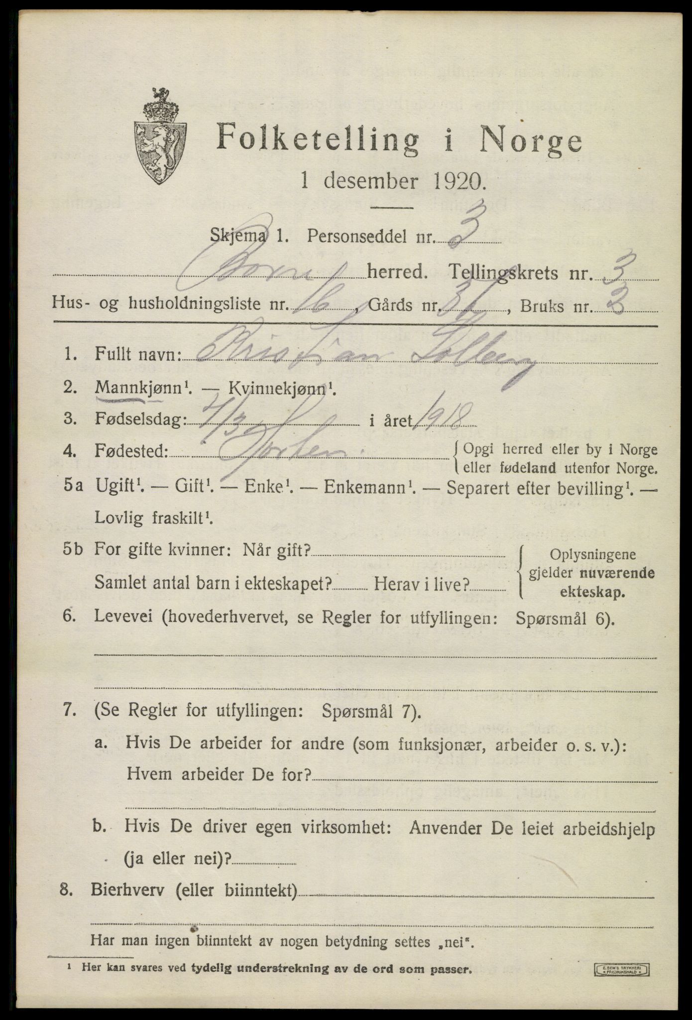 SAKO, 1920 census for Borre, 1920, p. 6210