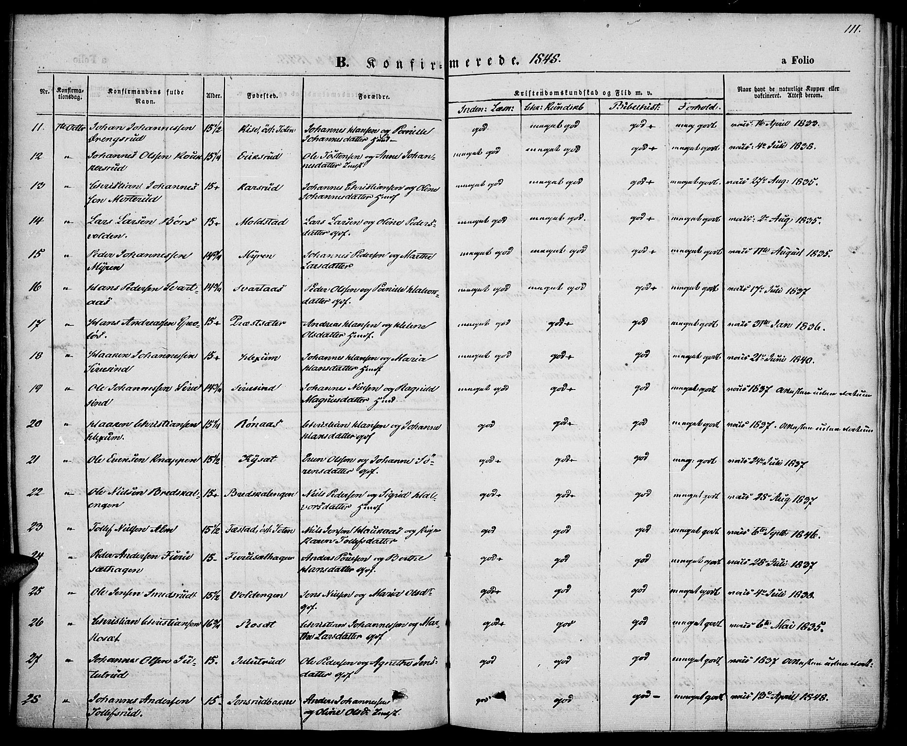 Vestre Toten prestekontor, SAH/PREST-108/H/Ha/Haa/L0004: Parish register (official) no. 4, 1844-1849, p. 111