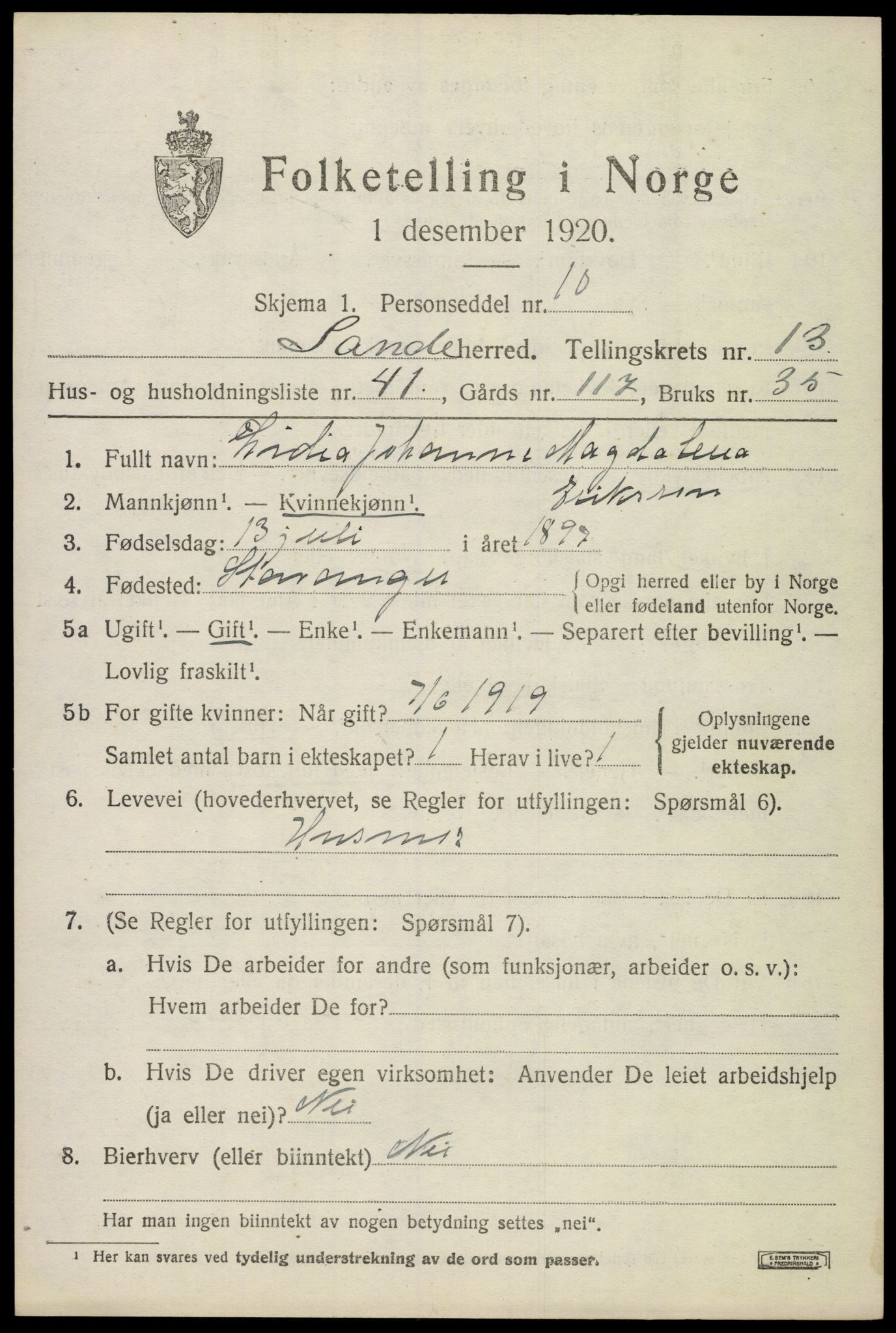 SAKO, 1920 census for Sandeherred, 1920, p. 19796