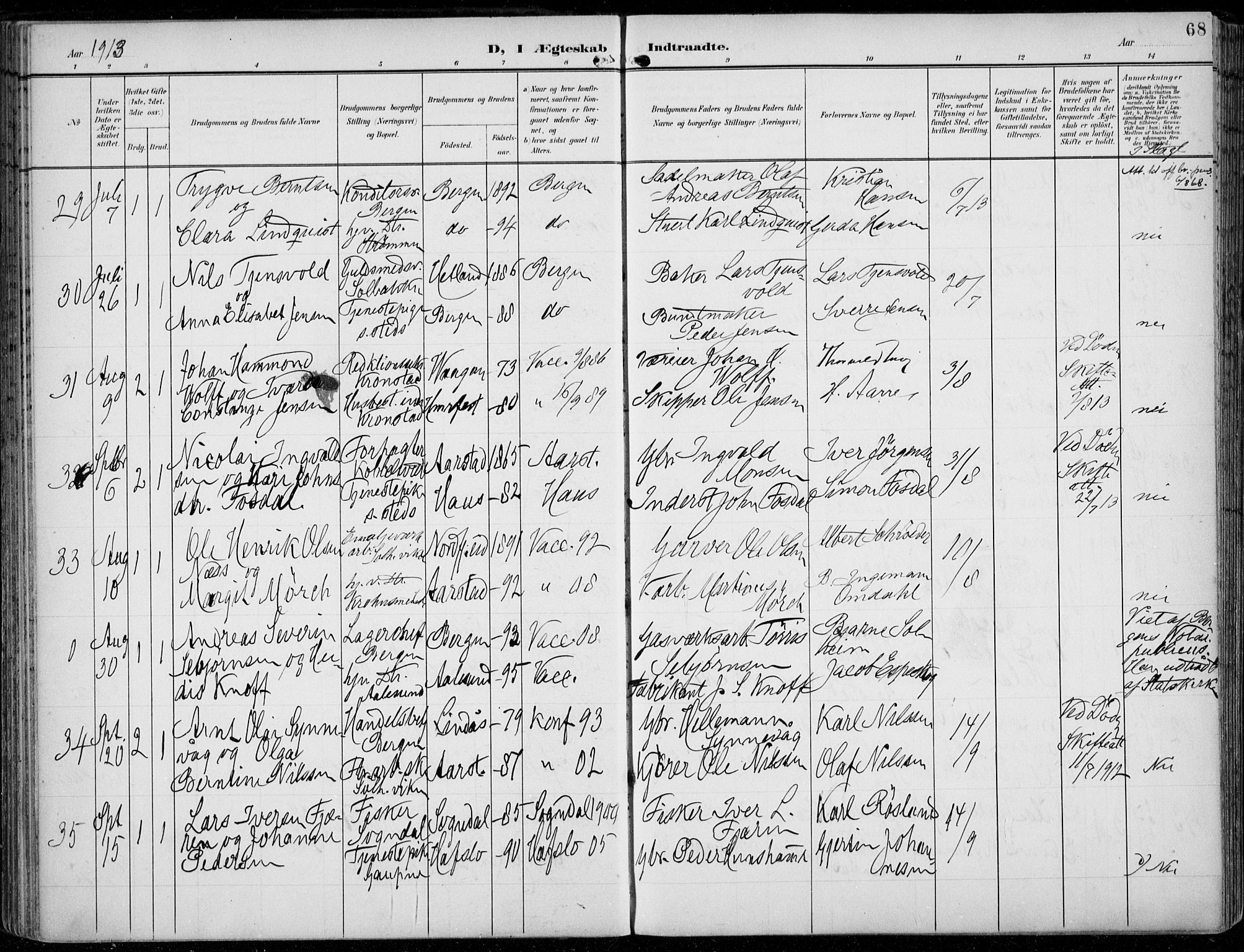 Årstad Sokneprestembete, AV/SAB-A-79301/H/Haa/L0009: Parish register (official) no. C 1, 1902-1918, p. 68