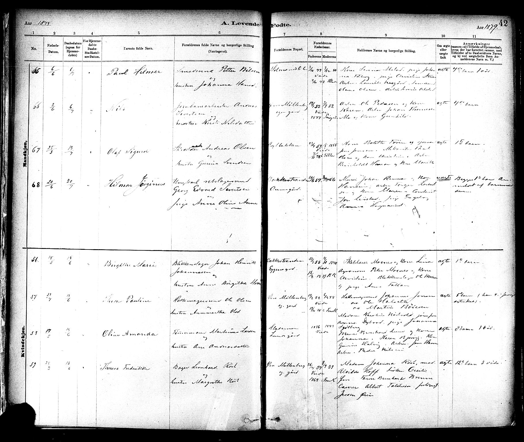 Ministerialprotokoller, klokkerbøker og fødselsregistre - Sør-Trøndelag, SAT/A-1456/604/L0188: Parish register (official) no. 604A09, 1878-1892, p. 42