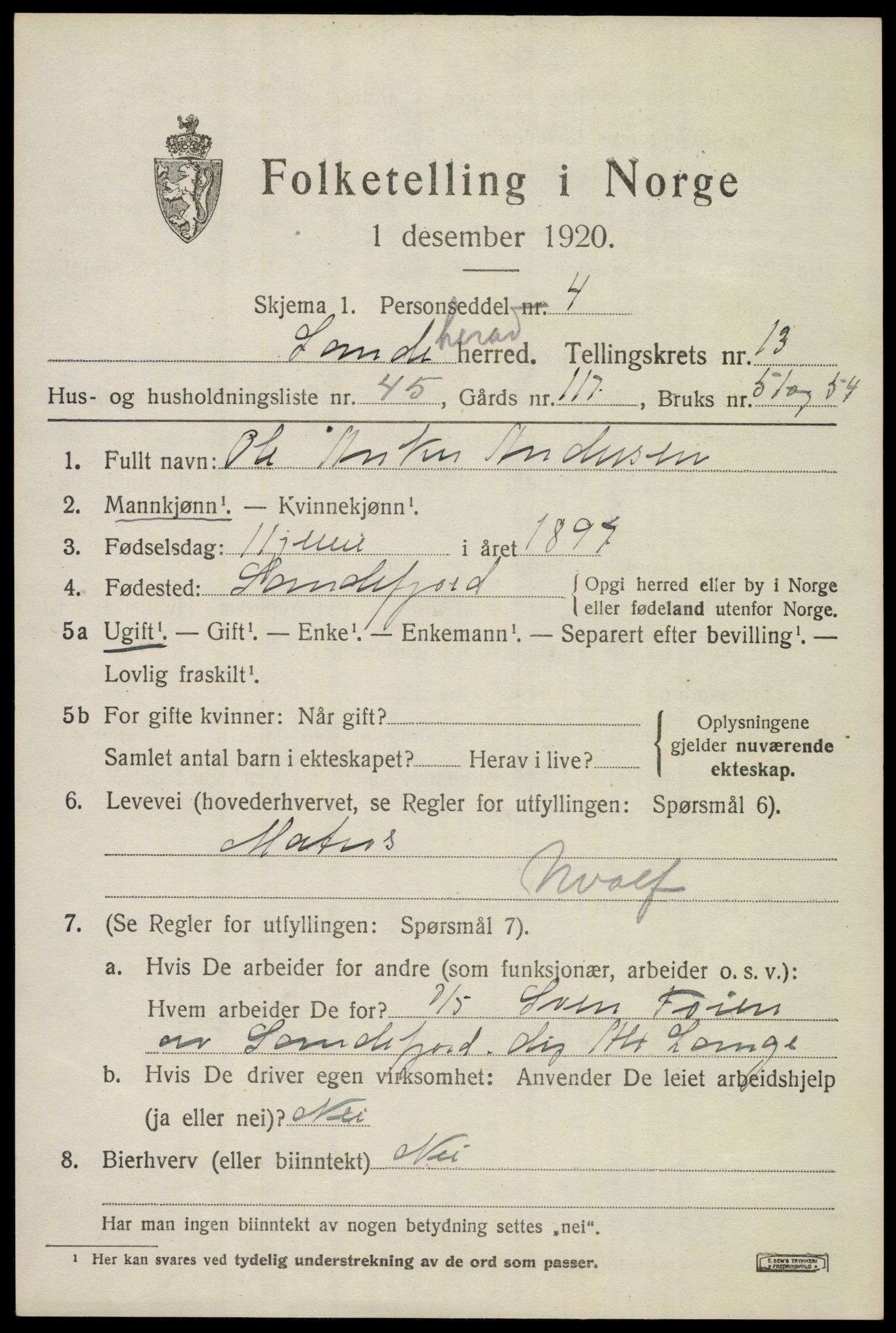 SAKO, 1920 census for Sandeherred, 1920, p. 19846