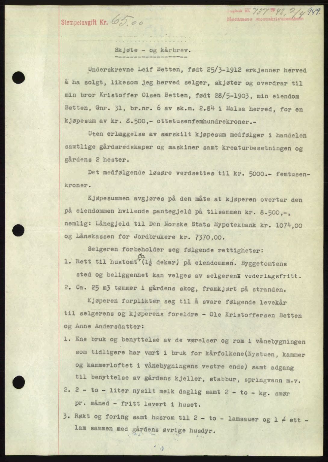 Nordmøre sorenskriveri, AV/SAT-A-4132/1/2/2Ca: Mortgage book no. A107, 1947-1948, Diary no: : 737/1948