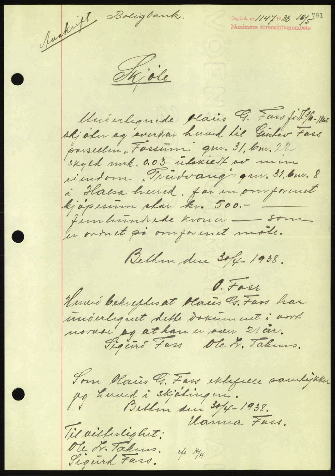 Nordmøre sorenskriveri, AV/SAT-A-4132/1/2/2Ca: Mortgage book no. A83, 1938-1938, Diary no: : 1147/1938