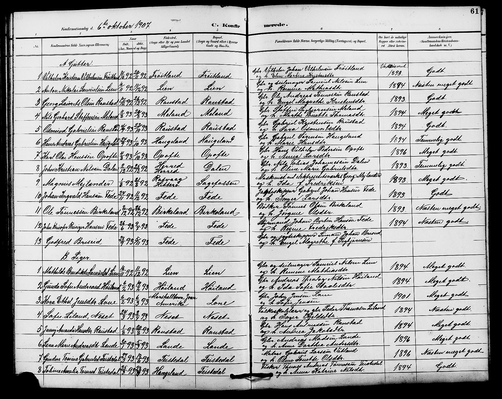 Kvinesdal sokneprestkontor, SAK/1111-0026/F/Fb/Fba/L0004: Parish register (copy) no. B 4, 1894-1909, p. 61