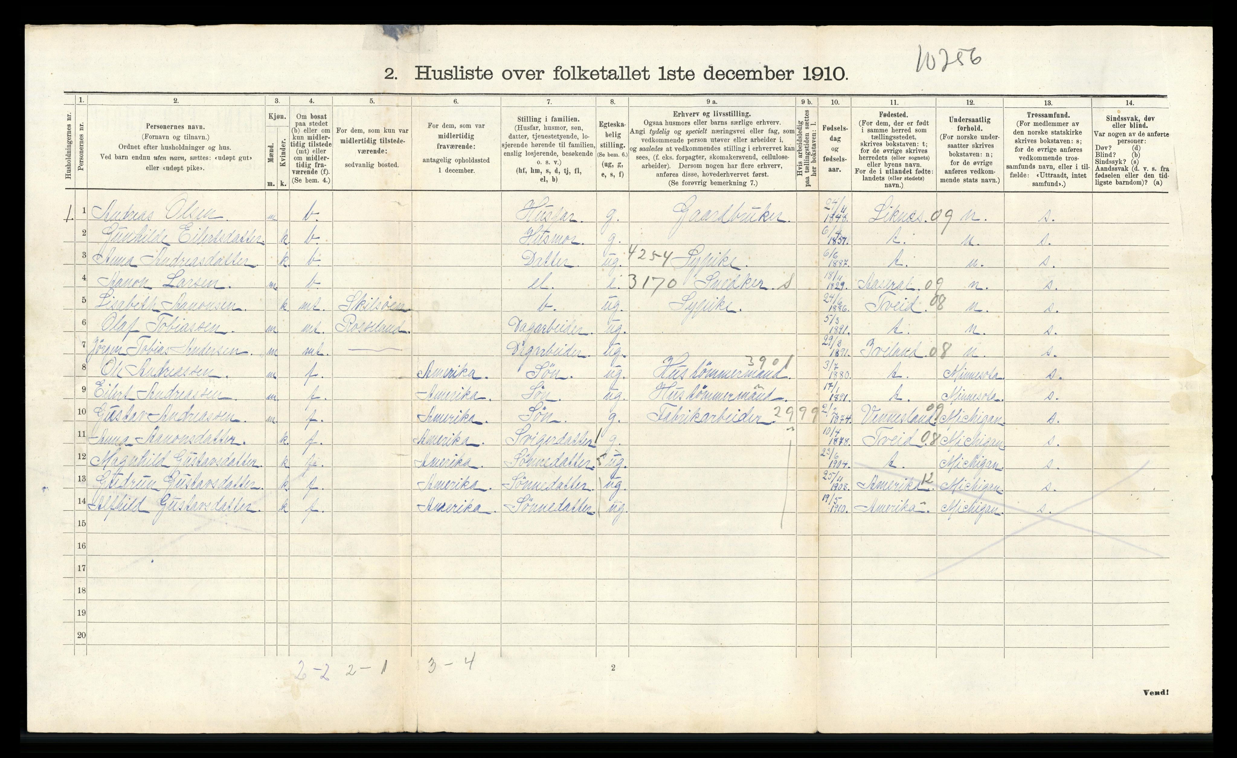 RA, 1910 census for Birkenes, 1910, p. 535