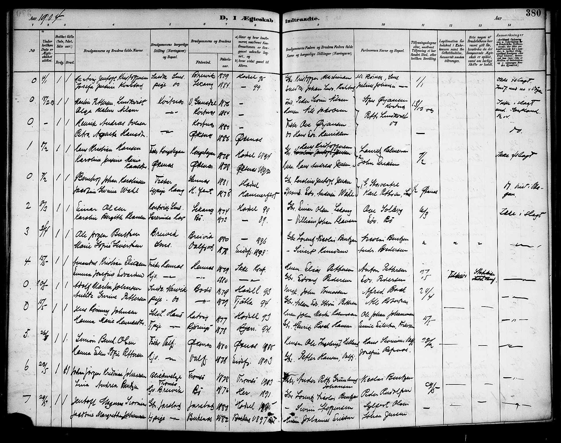 Ministerialprotokoller, klokkerbøker og fødselsregistre - Nordland, AV/SAT-A-1459/888/L1268: Parish register (copy) no. 888C06, 1891-1908, p. 380