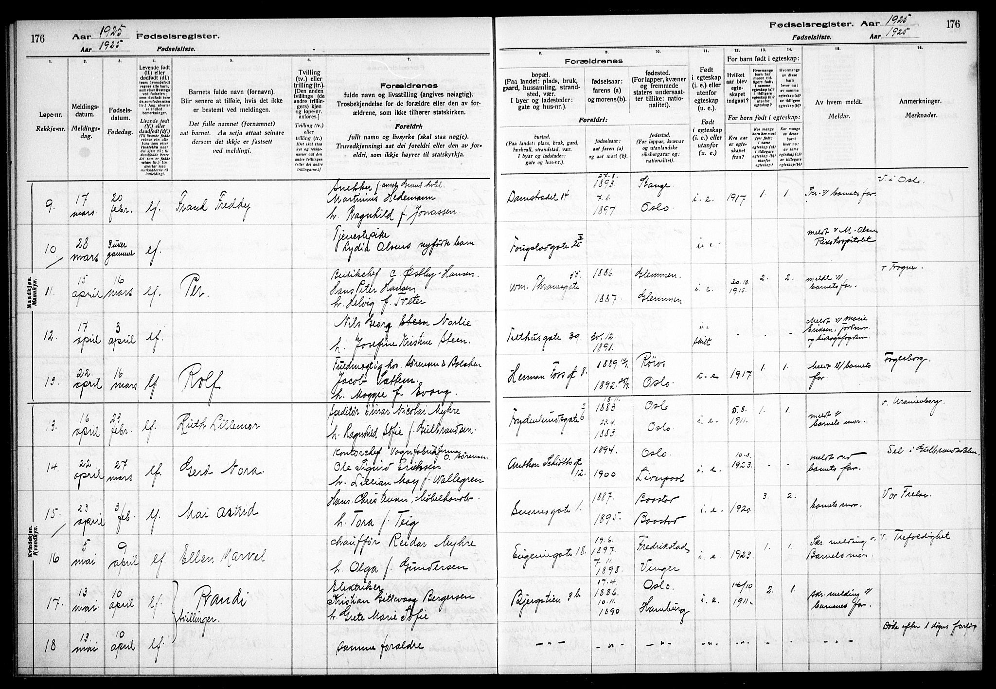 Gamle Aker prestekontor Kirkebøker, AV/SAO-A-10617a/J/L0001: Birth register no. 1, 1916-1927, p. 176