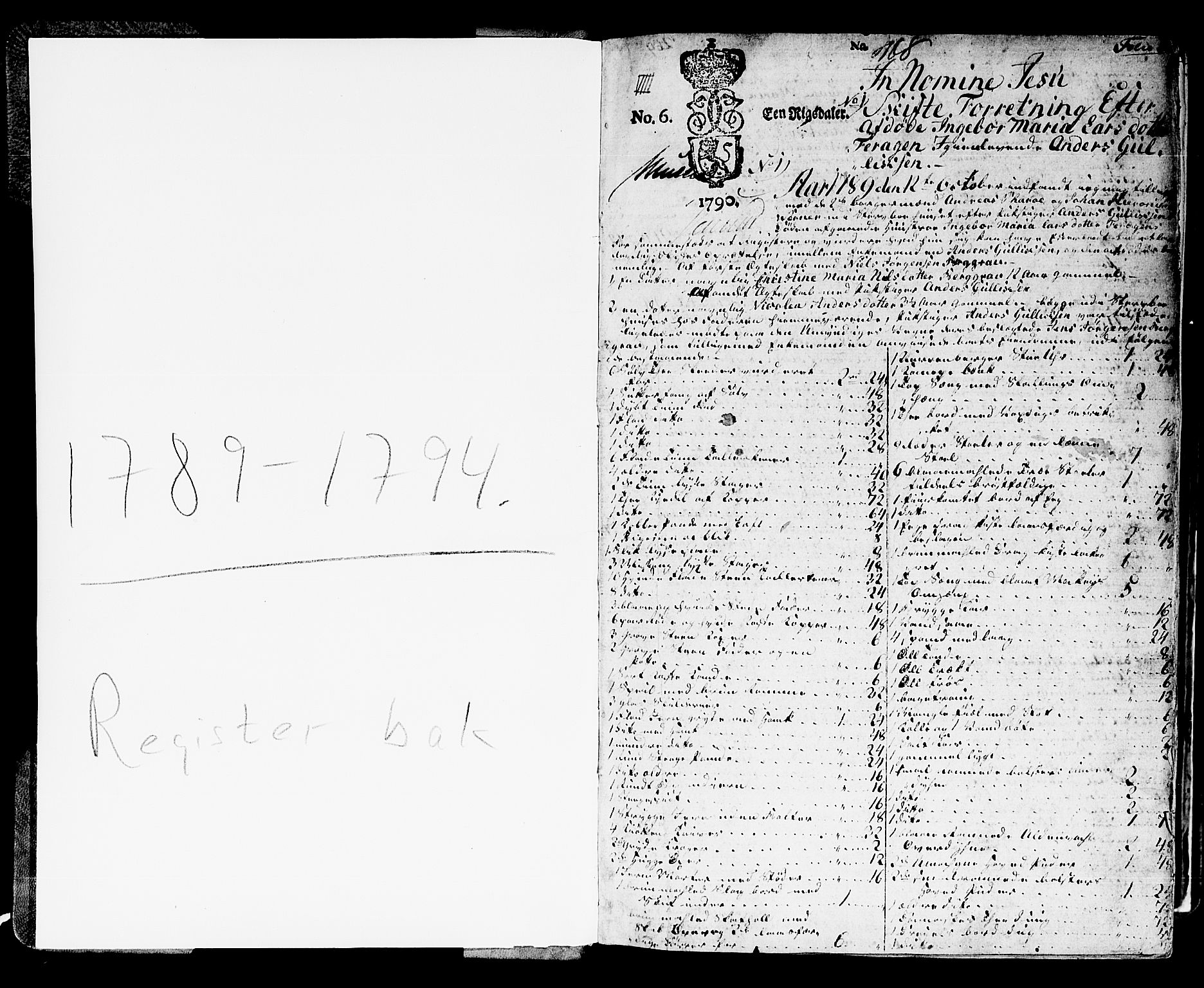 Kongsberg byfogd, SAKO/A-84/H/Hb/L0012: Skifteprotokoll, 1789-1794, p. 0b-1a
