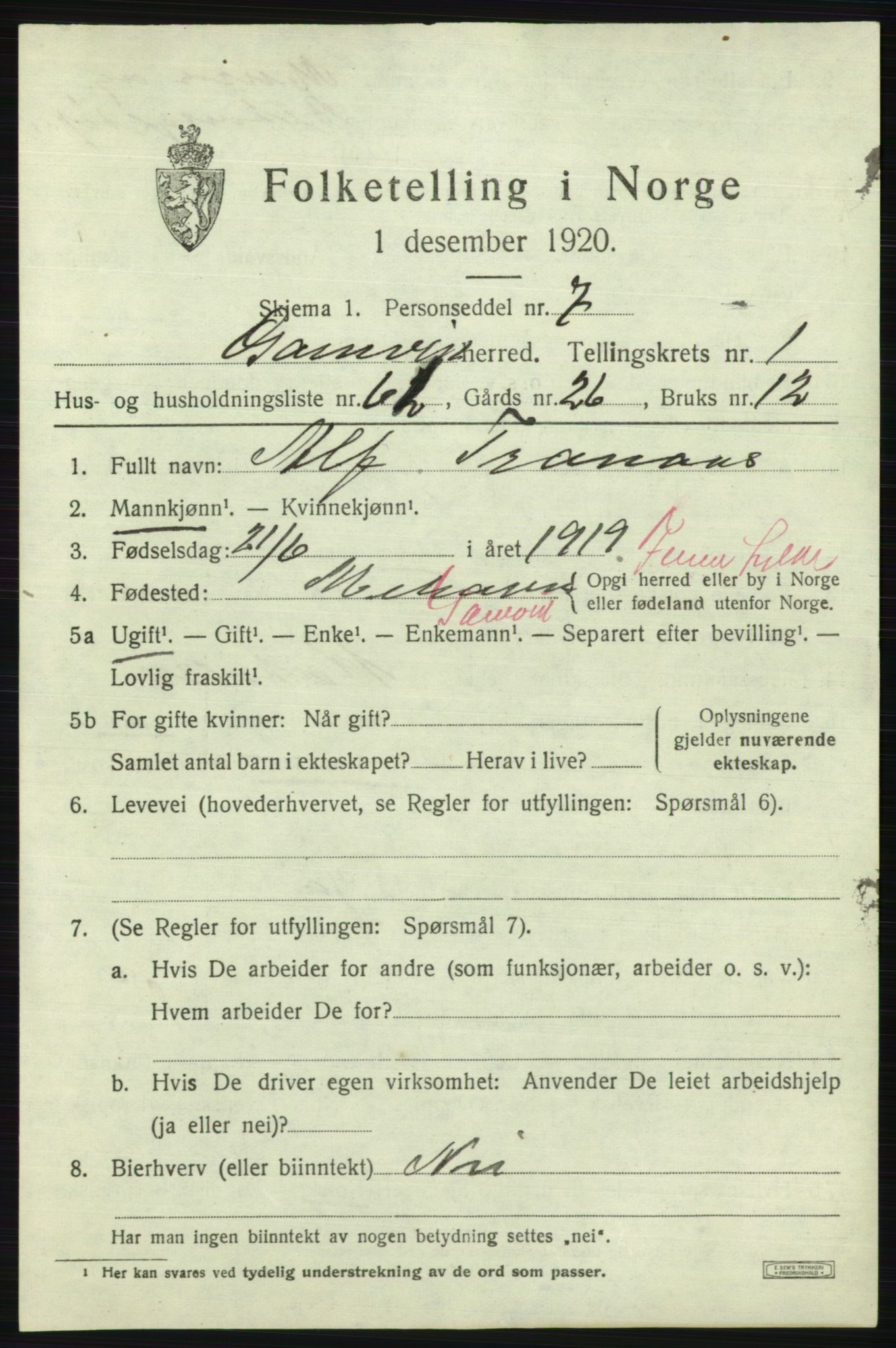 SATØ, 1920 census for Gamvik, 1920, p. 1516