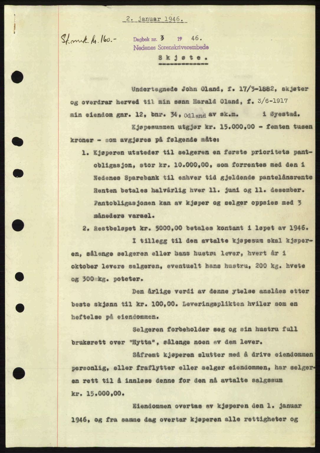 Nedenes sorenskriveri, SAK/1221-0006/G/Gb/Gba/L0054: Mortgage book no. A6c, 1946-1946, Diary no: : 3/1946