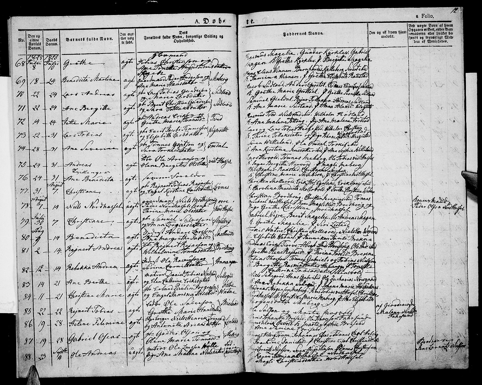 Lista sokneprestkontor, AV/SAK-1111-0027/F/Fa/L0008: Parish register (official) no. A 8, 1823-1835, p. 12