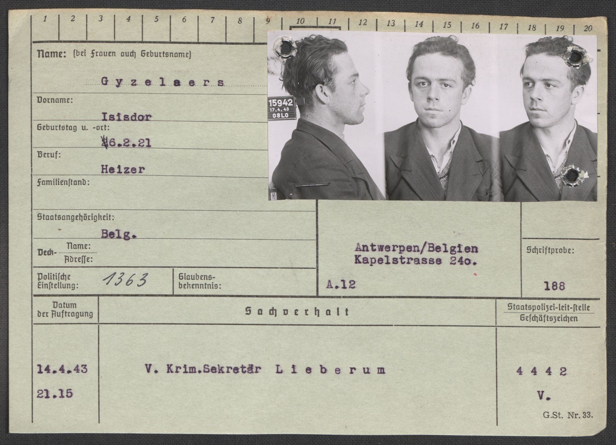 Befehlshaber der Sicherheitspolizei und des SD, RA/RAFA-5969/E/Ea/Eaa/L0003: Register over norske fanger i Møllergata 19: Eng-Hag, 1940-1945, p. 1346