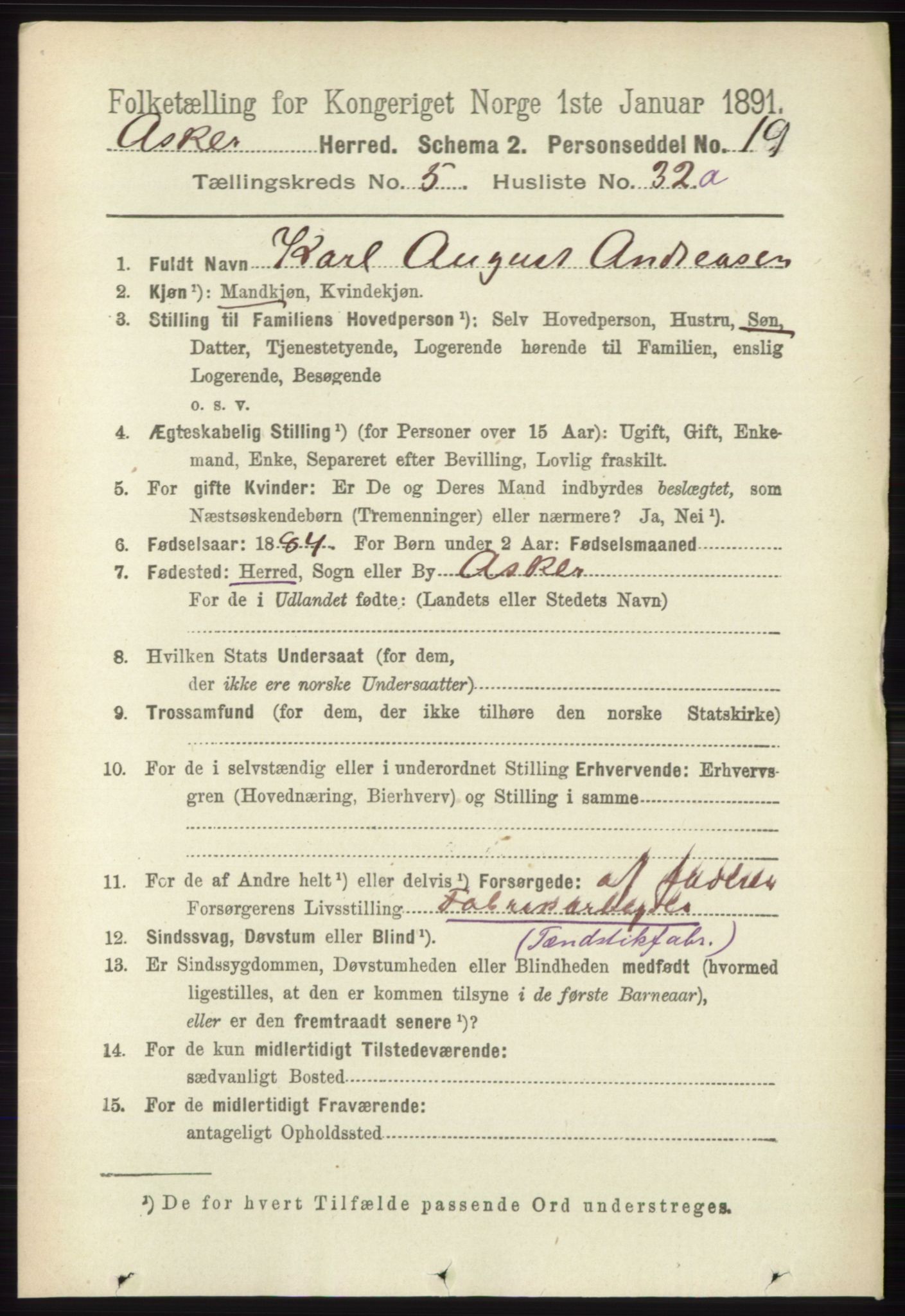 RA, 1891 census for 0220 Asker, 1891, p. 4032