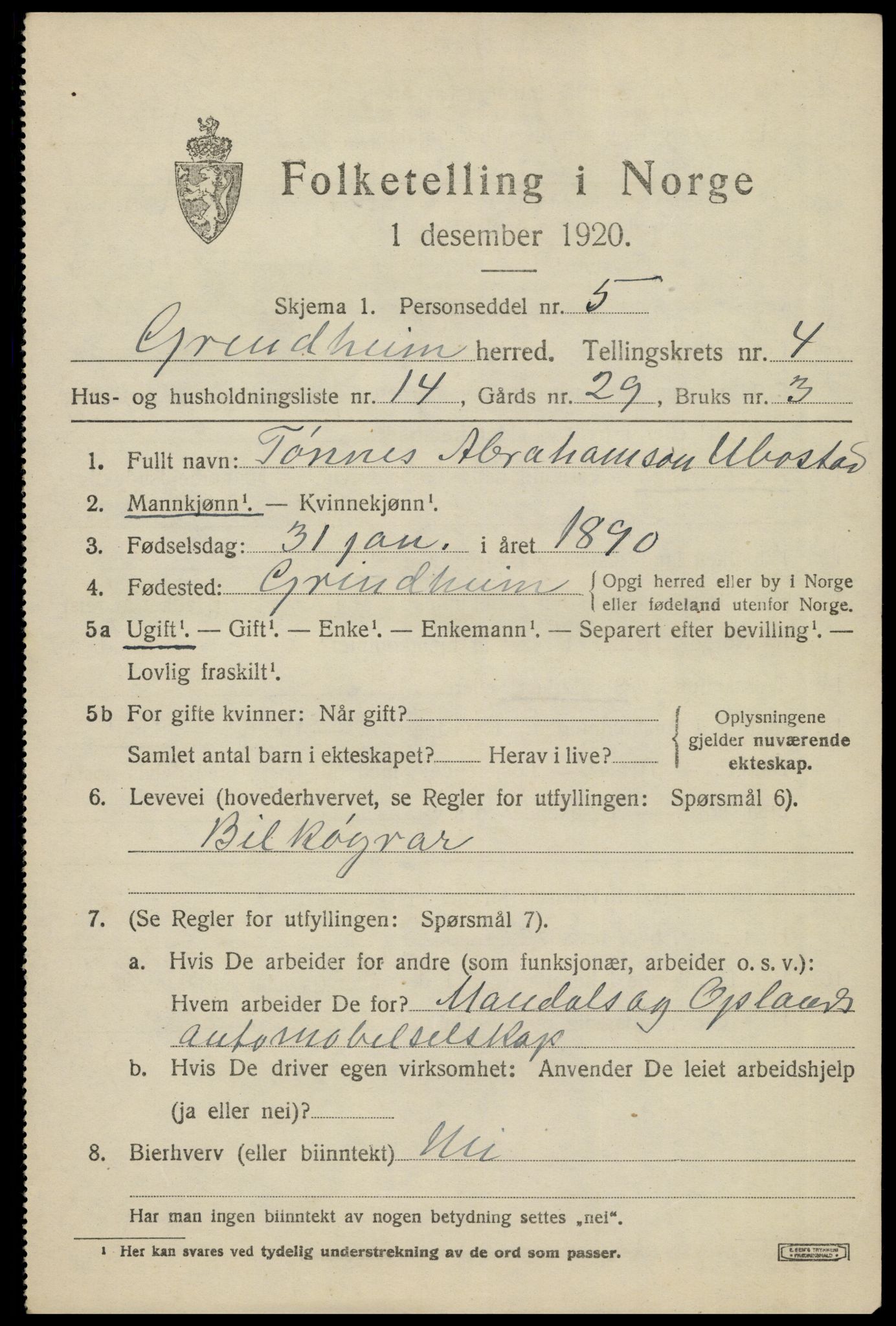 SAK, 1920 census for Grindheim, 1920, p. 1599