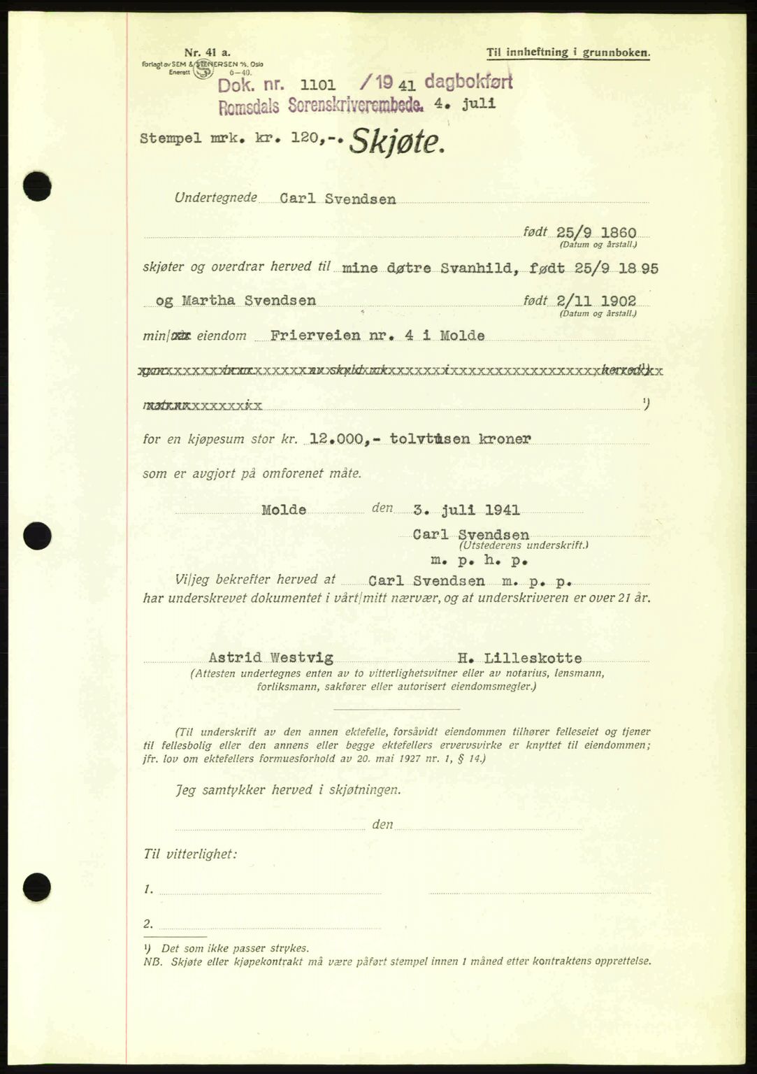 Romsdal sorenskriveri, AV/SAT-A-4149/1/2/2C: Mortgage book no. A10, 1941-1941, Diary no: : 1101/1941