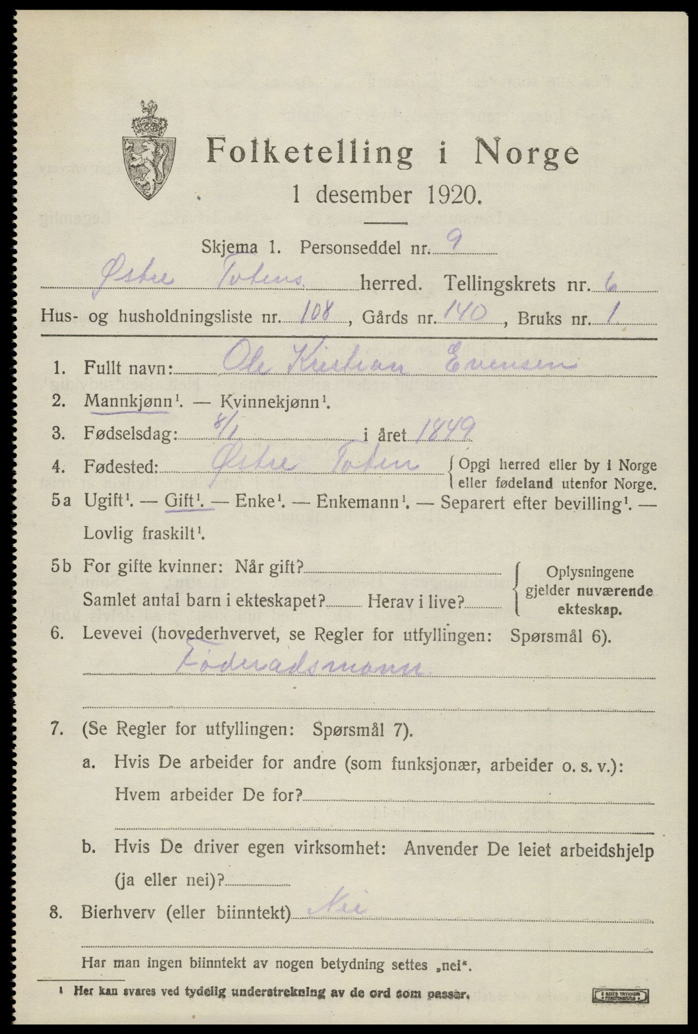 SAH, 1920 census for Østre Toten, 1920, p. 14388