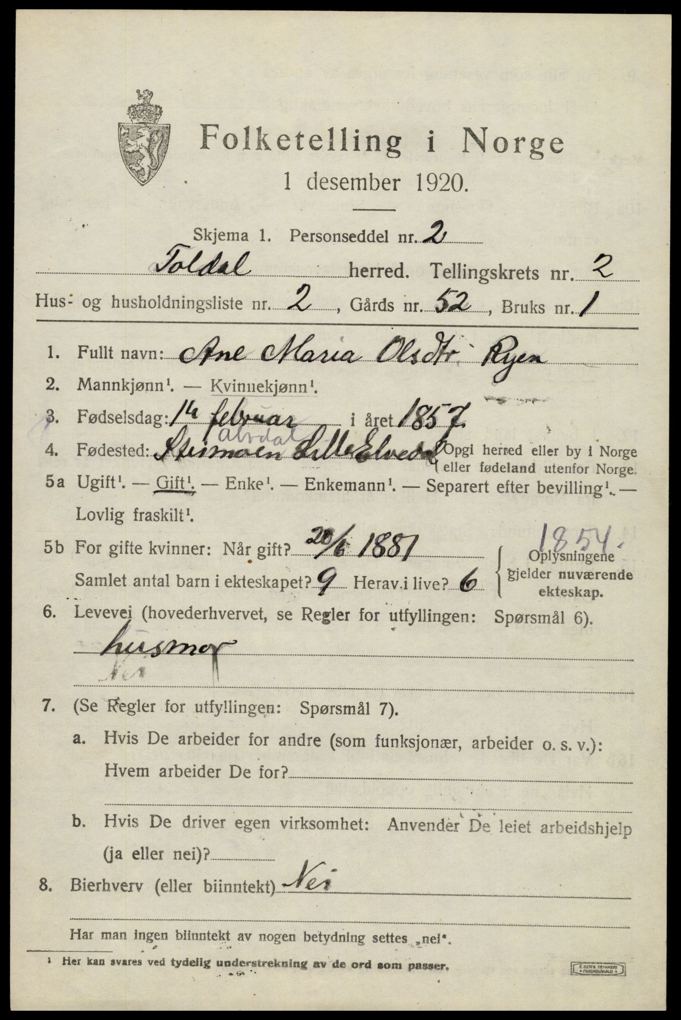 SAH, 1920 census for Folldal, 1920, p. 1047