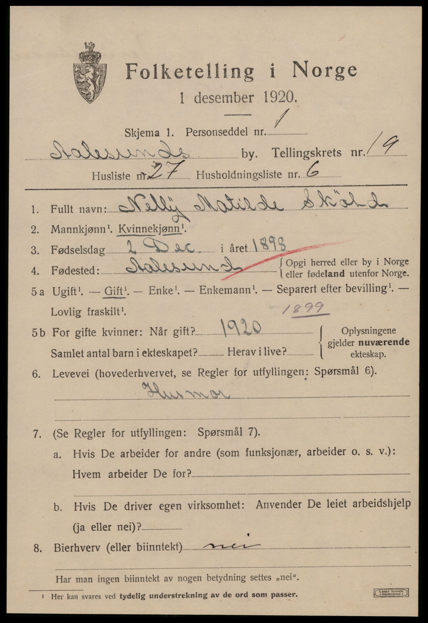 SAT, 1920 census for Ålesund, 1920, p. 36988