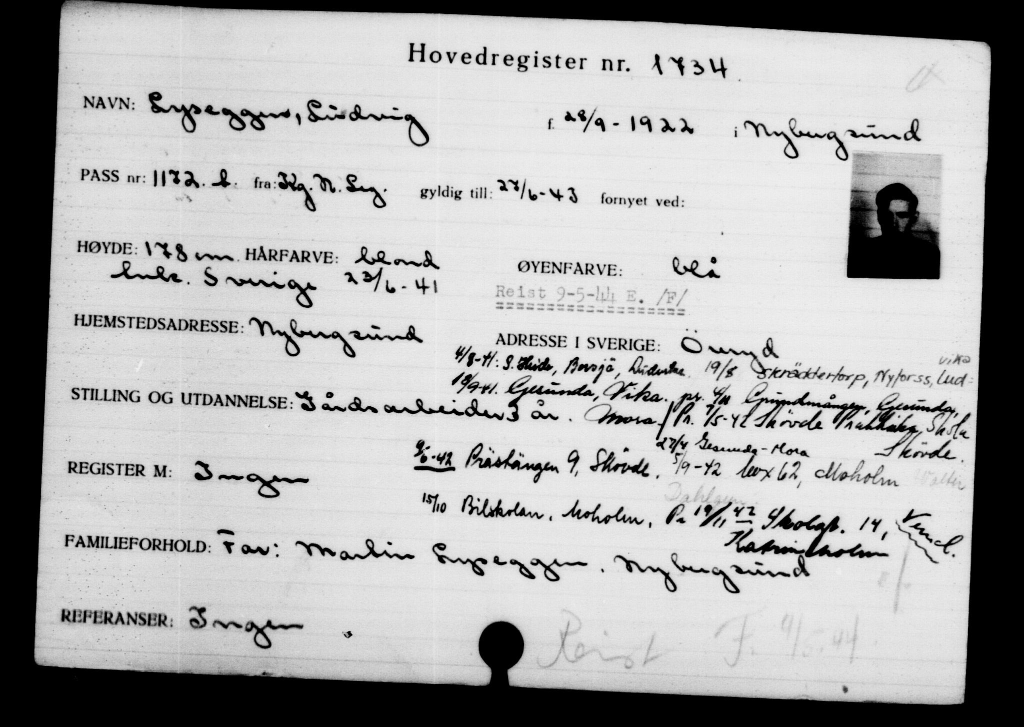 Utenriksstasjonene, Legasjonen i Stockholm, Flyktningkontoret, AV/RA-S-6753/V/Va/L0002: Kjesäterkartoteket, flyktninger med registreringsnr. 1001-2000, 1940-1945, p. 1043