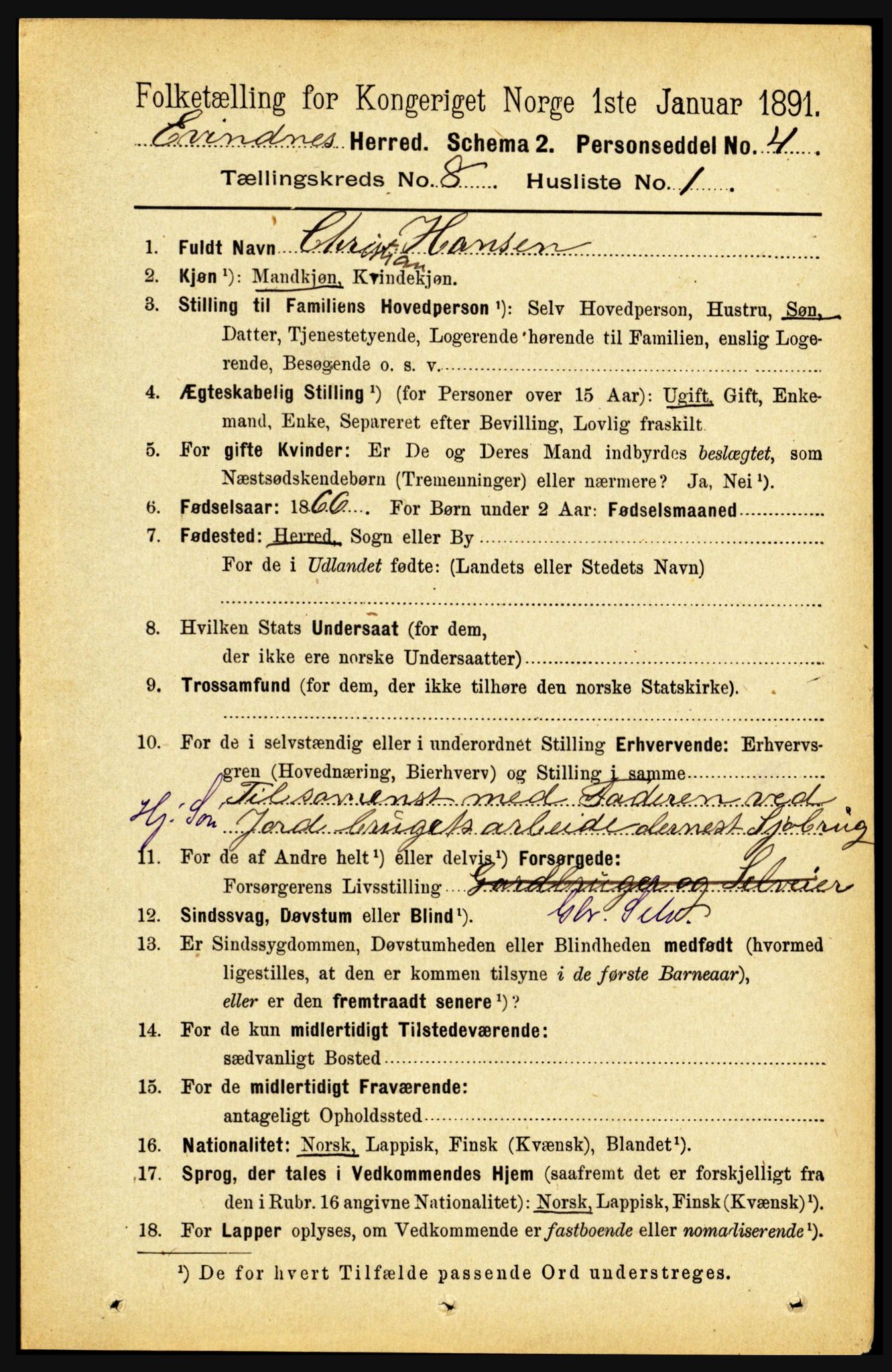 RA, 1891 census for 1853 Evenes, 1891, p. 2515