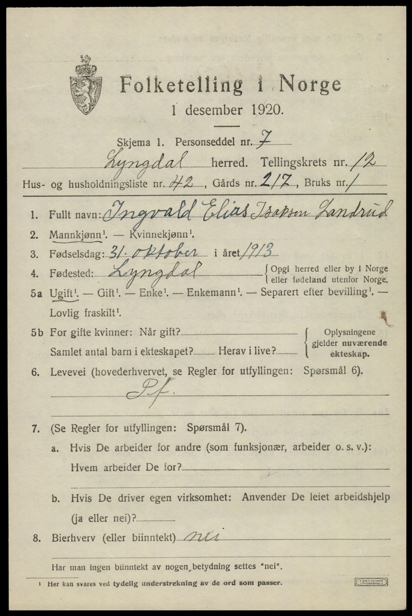 SAK, 1920 census for Lyngdal, 1920, p. 5823