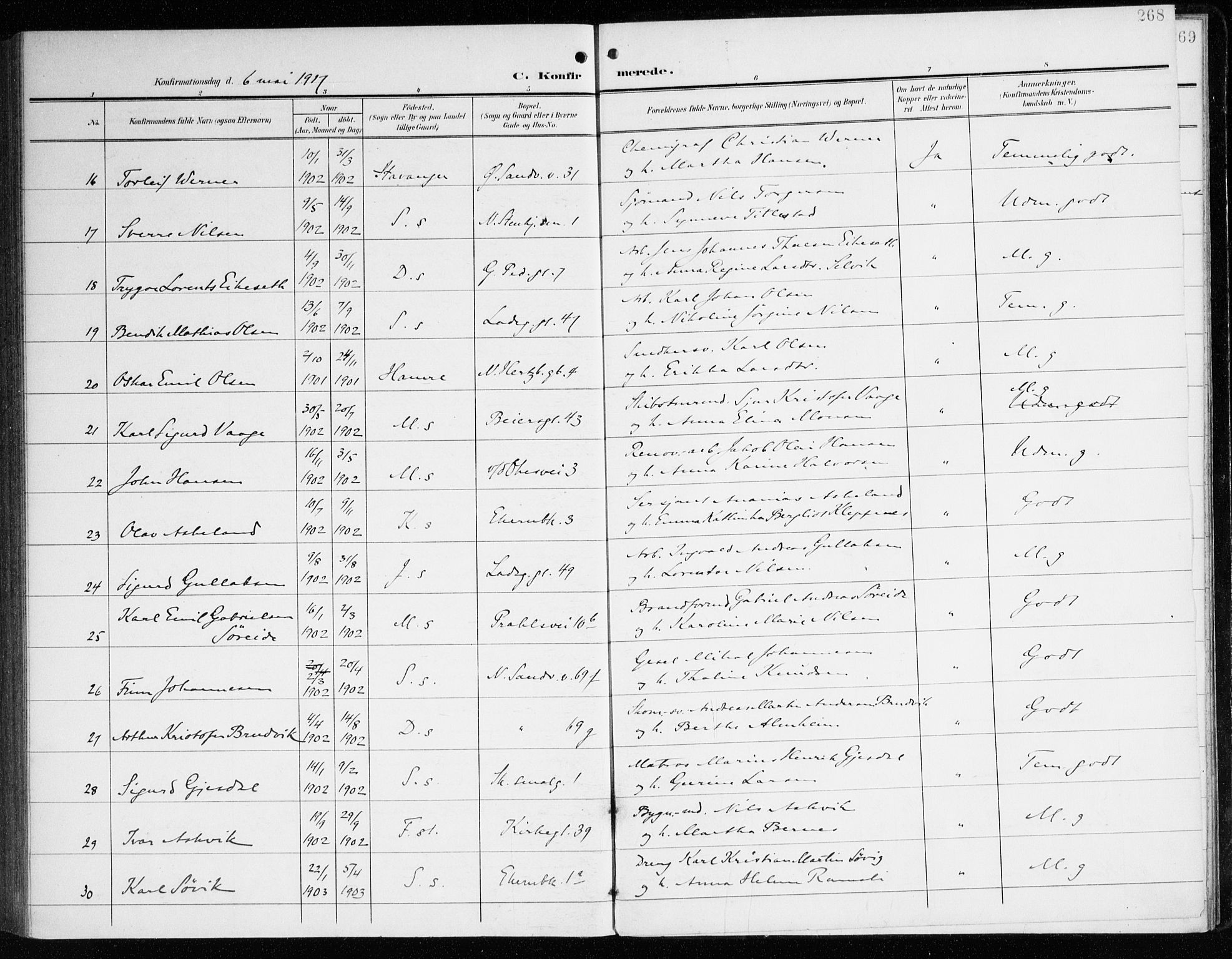 Sandviken Sokneprestembete, SAB/A-77601/H/Ha/L0011: Parish register (official) no. C 2, 1905-1918, p. 268