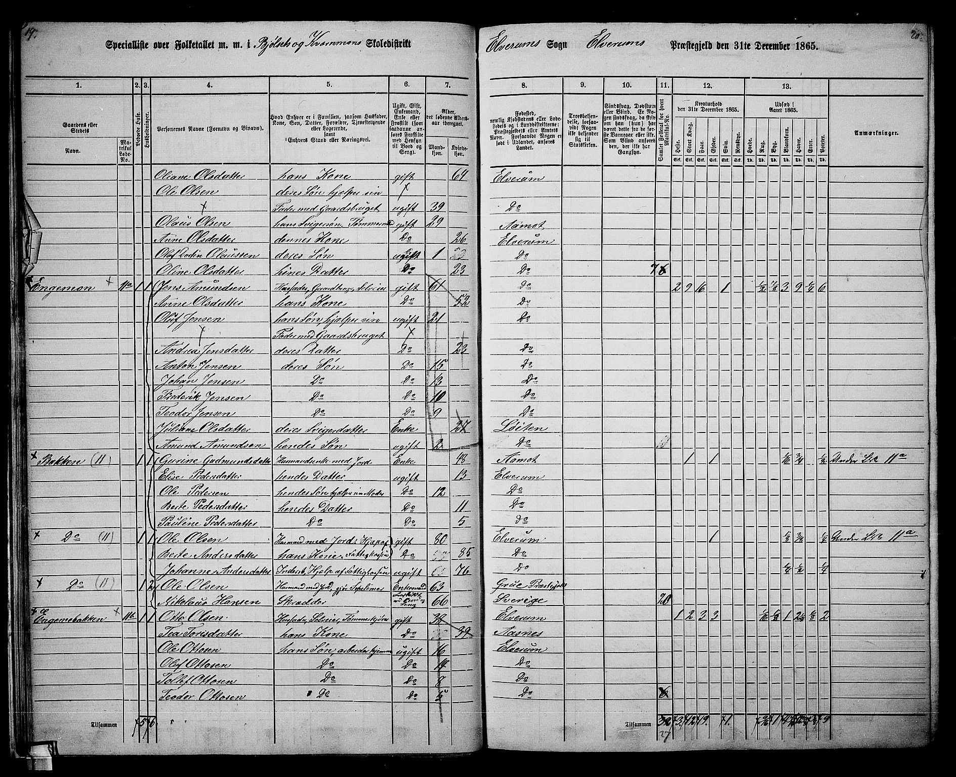 RA, 1865 census for Elverum, 1865, p. 21