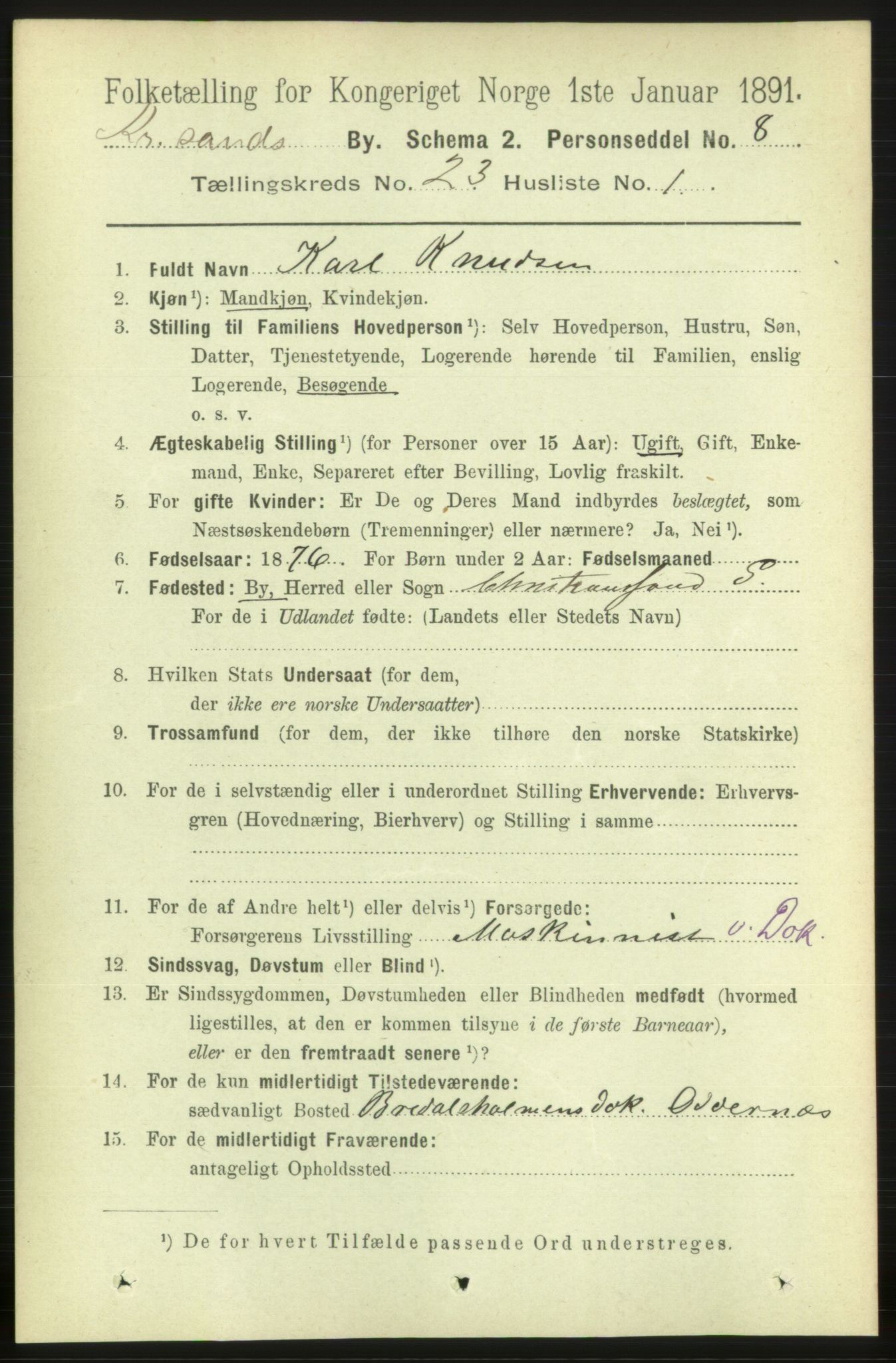 RA, 1891 census for 1001 Kristiansand, 1891, p. 8444