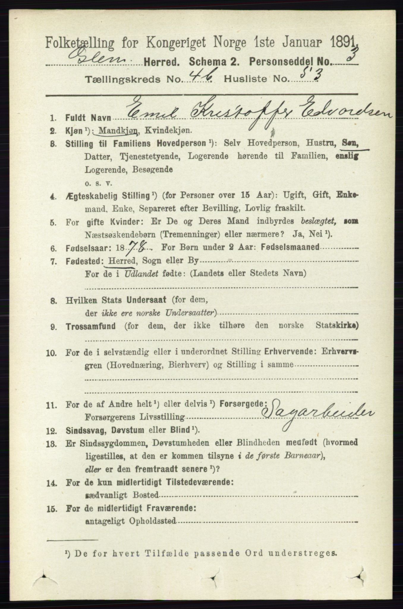 RA, 1891 census for 0132 Glemmen, 1891, p. 5435