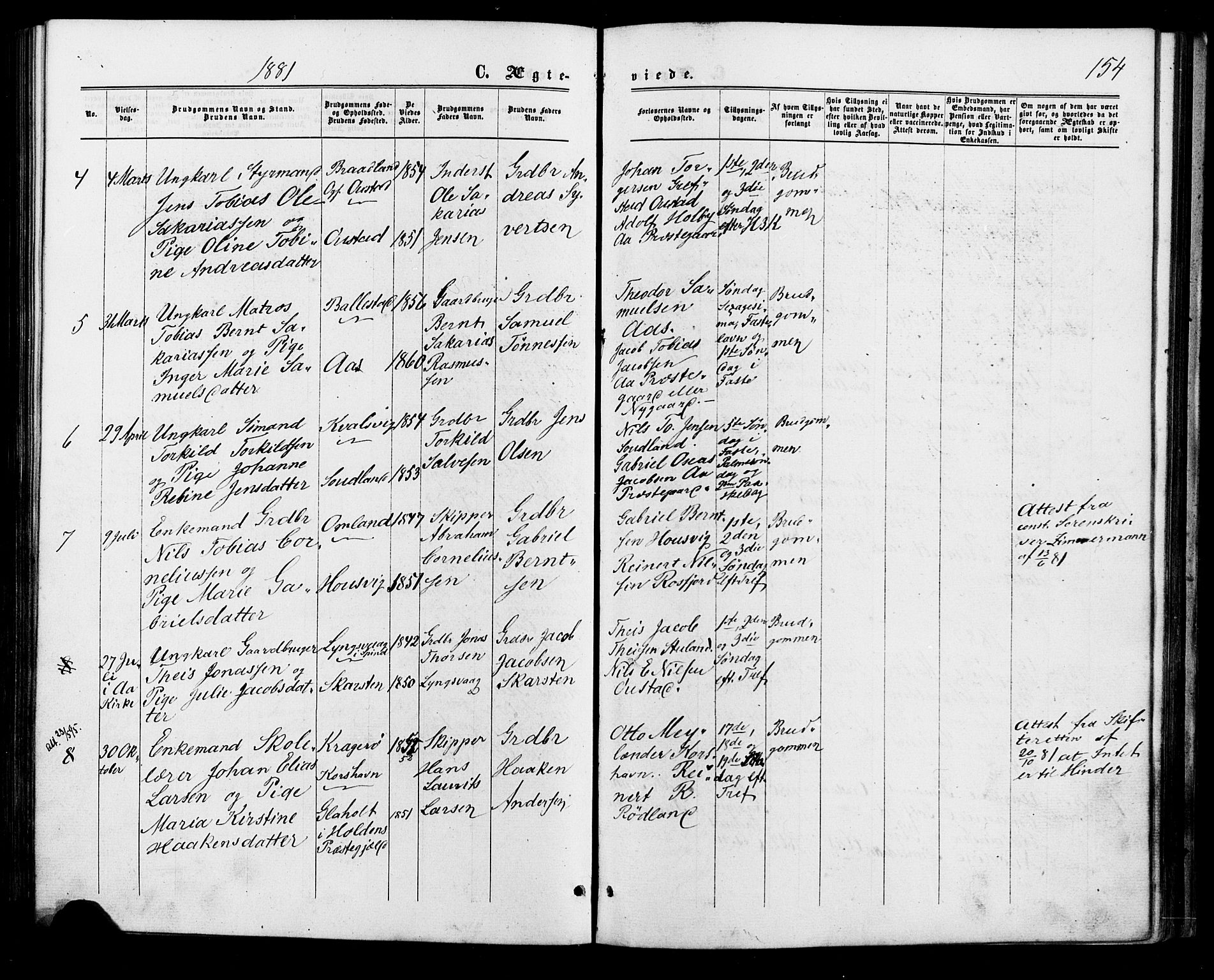 Lyngdal sokneprestkontor, AV/SAK-1111-0029/F/Fa/Faa/L0003: Parish register (official) no. A 3, 1871-1882, p. 154