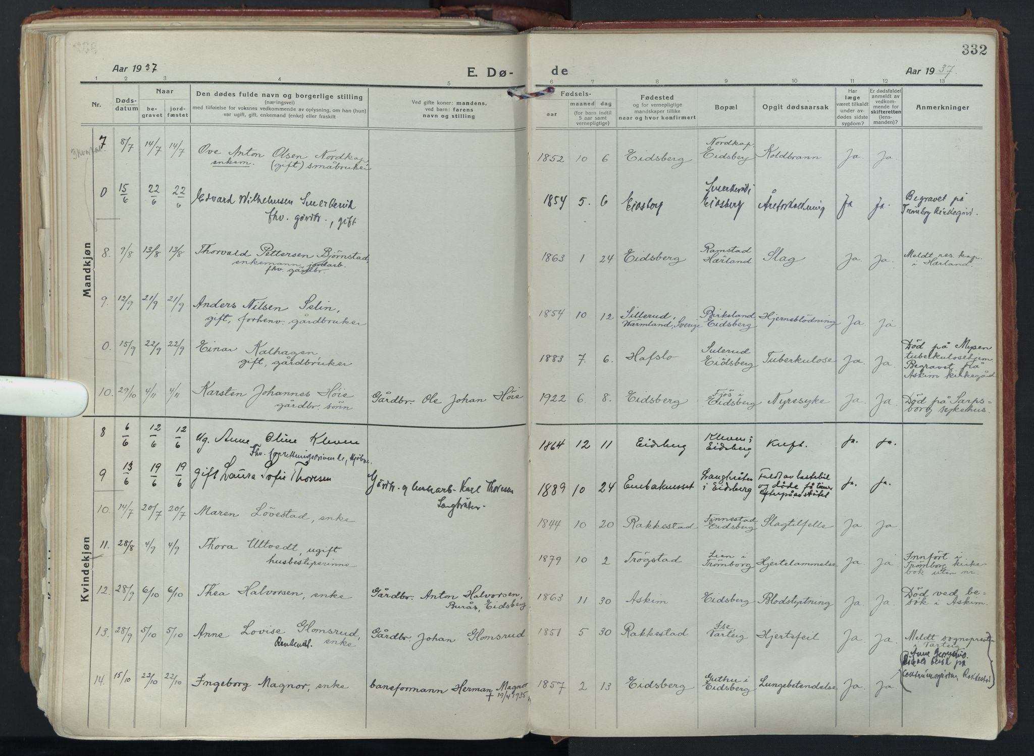 Eidsberg prestekontor Kirkebøker, SAO/A-10905/F/Fa/L0015: Parish register (official) no. I 15, 1920-1937, p. 332