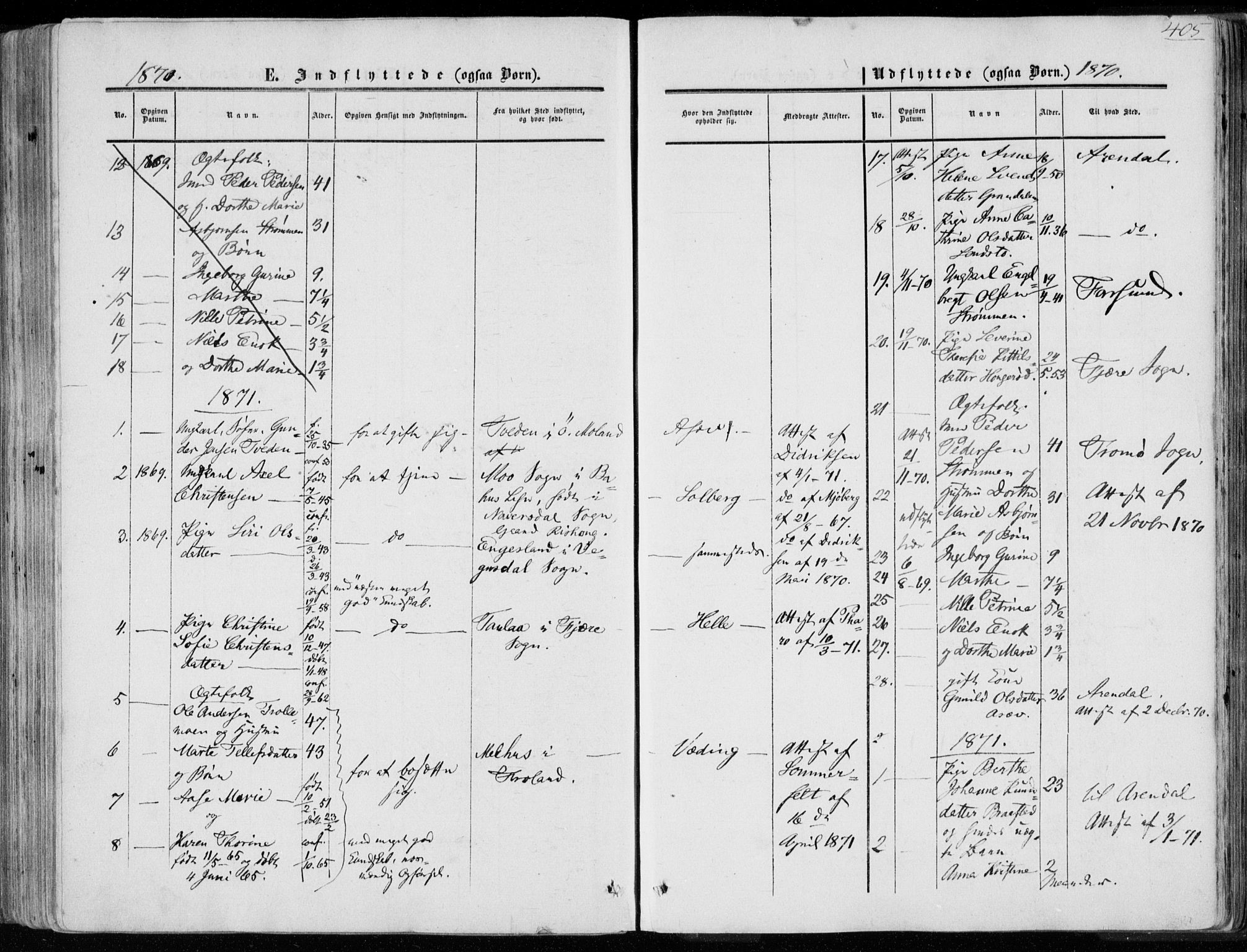 Øyestad sokneprestkontor, SAK/1111-0049/F/Fa/L0015: Parish register (official) no. A 15, 1857-1873, p. 405