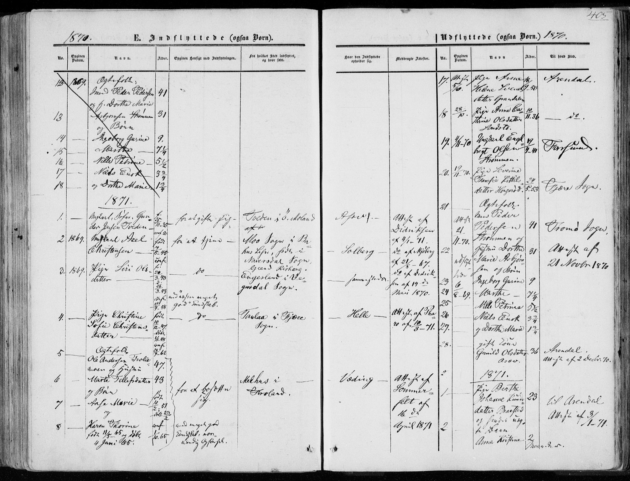 Øyestad sokneprestkontor, AV/SAK-1111-0049/F/Fa/L0015: Parish register (official) no. A 15, 1857-1873, p. 405