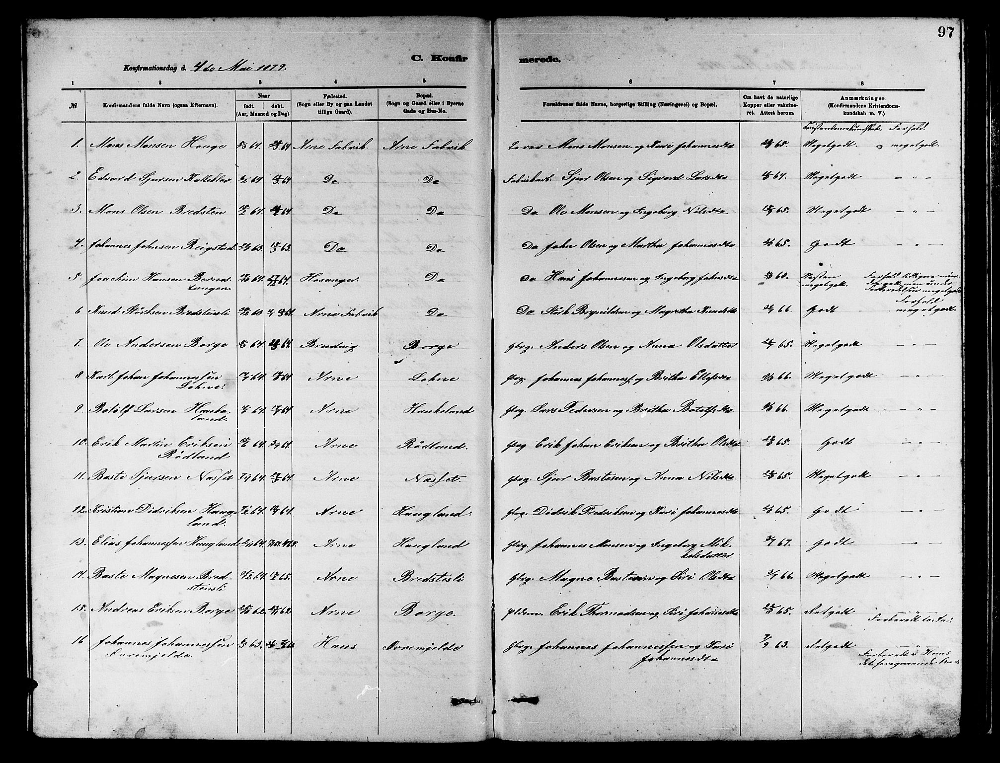 Arna Sokneprestembete, SAB/A-74001/H/Ha/Hab: Parish register (copy) no. A 2, 1878-1887, p. 97
