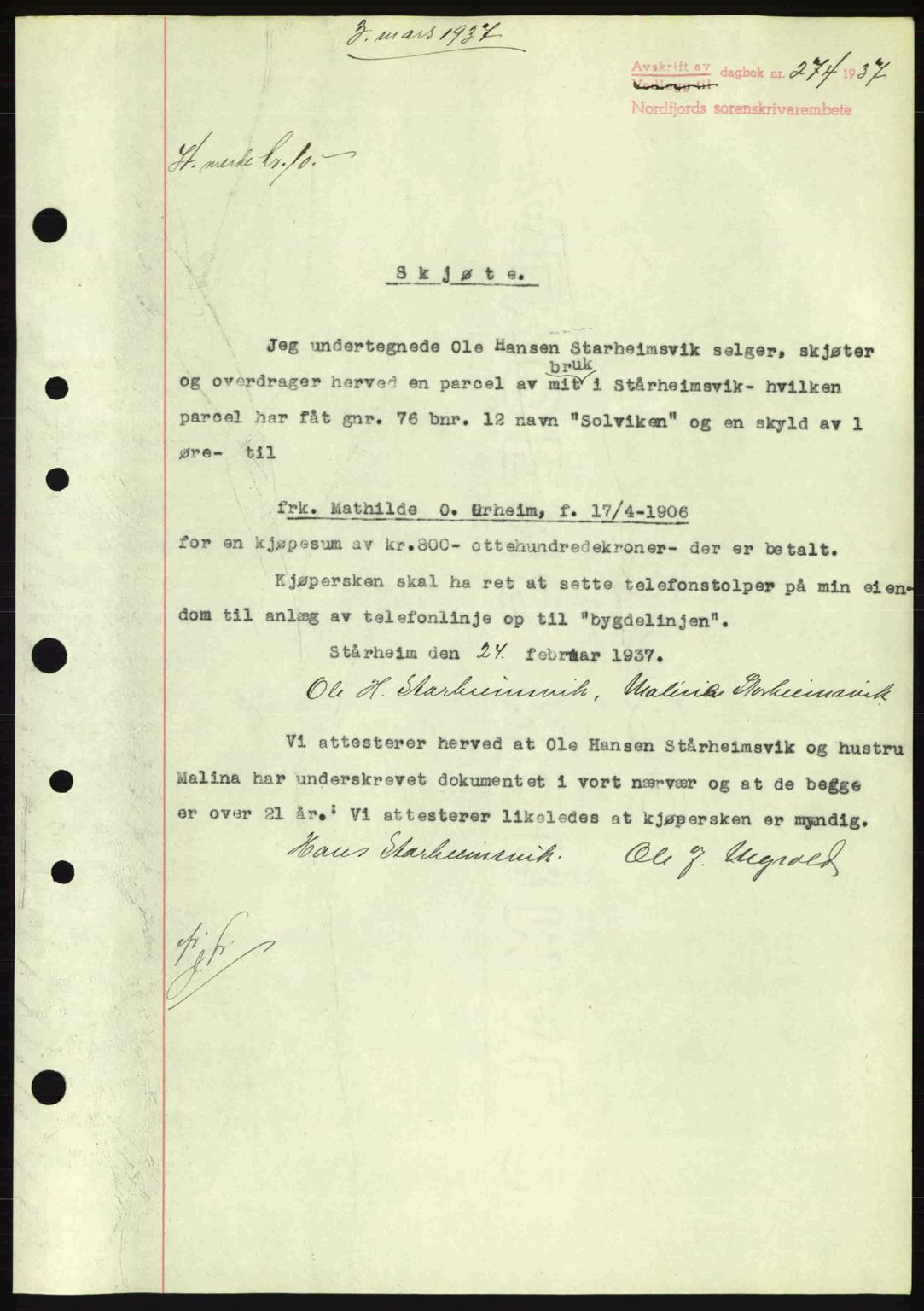 Nordfjord sorenskriveri, SAB/A-2801/02/02b/02bj/L0001: Mortgage book no. A1, 1936-1937, Diary no: : 274/1937