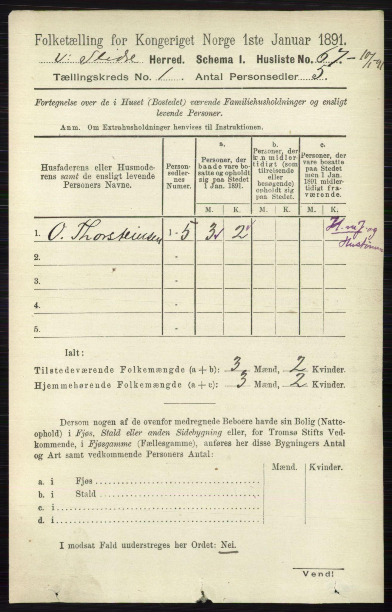 RA, 1891 census for 0543 Vestre Slidre, 1891, p. 96