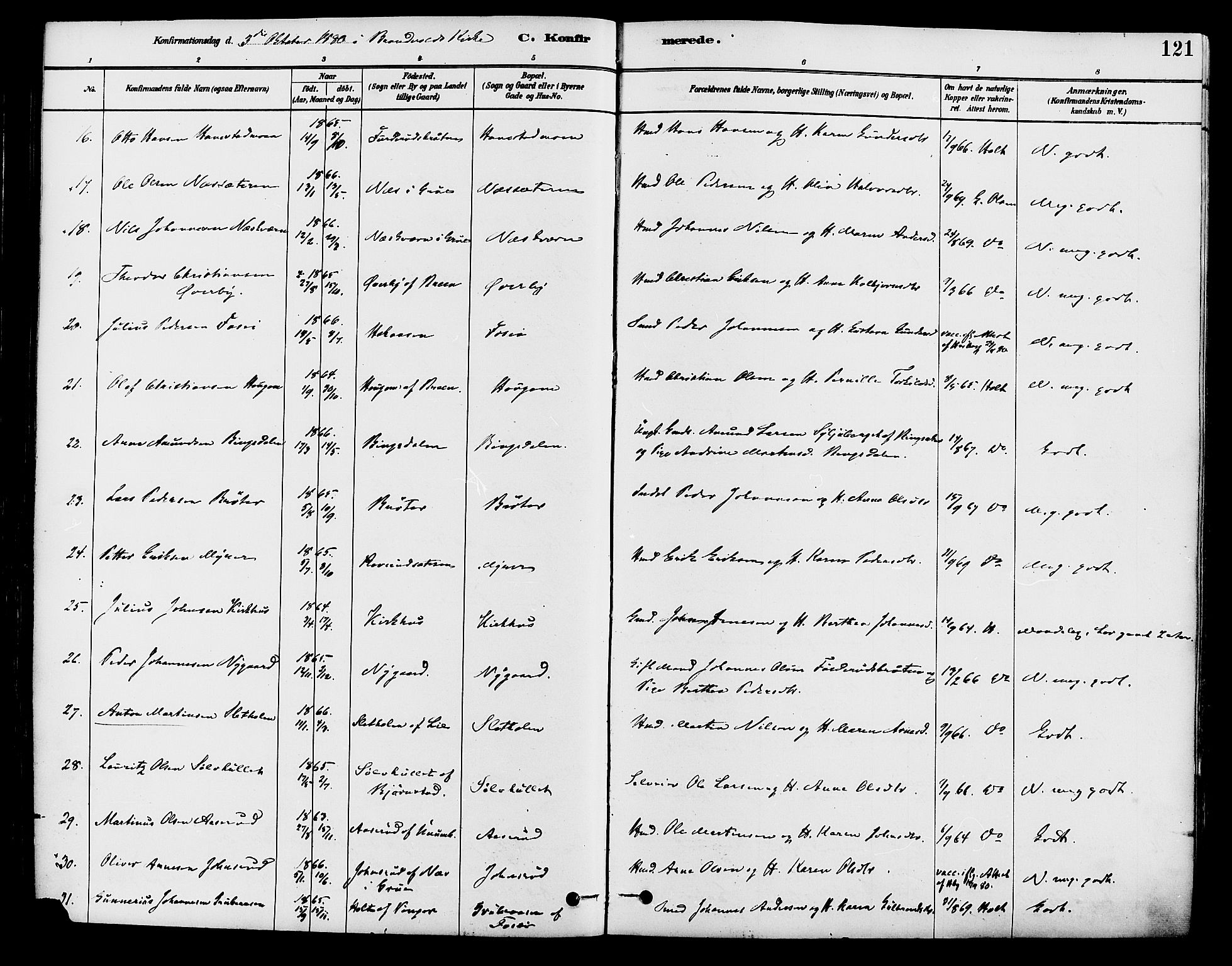 Brandval prestekontor, AV/SAH-PREST-034/H/Ha/Haa/L0002: Parish register (official) no. 2, 1880-1894, p. 121